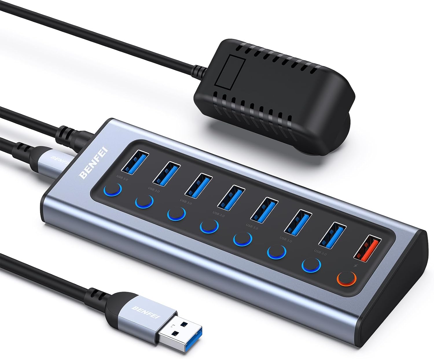 BENFEI 8-Port USB Hub with Power Adapter, USB Splitter Hub(7 Faster Data Transfer Ports + 1 Smart Charging Port) with Individual LED On/Off Switches