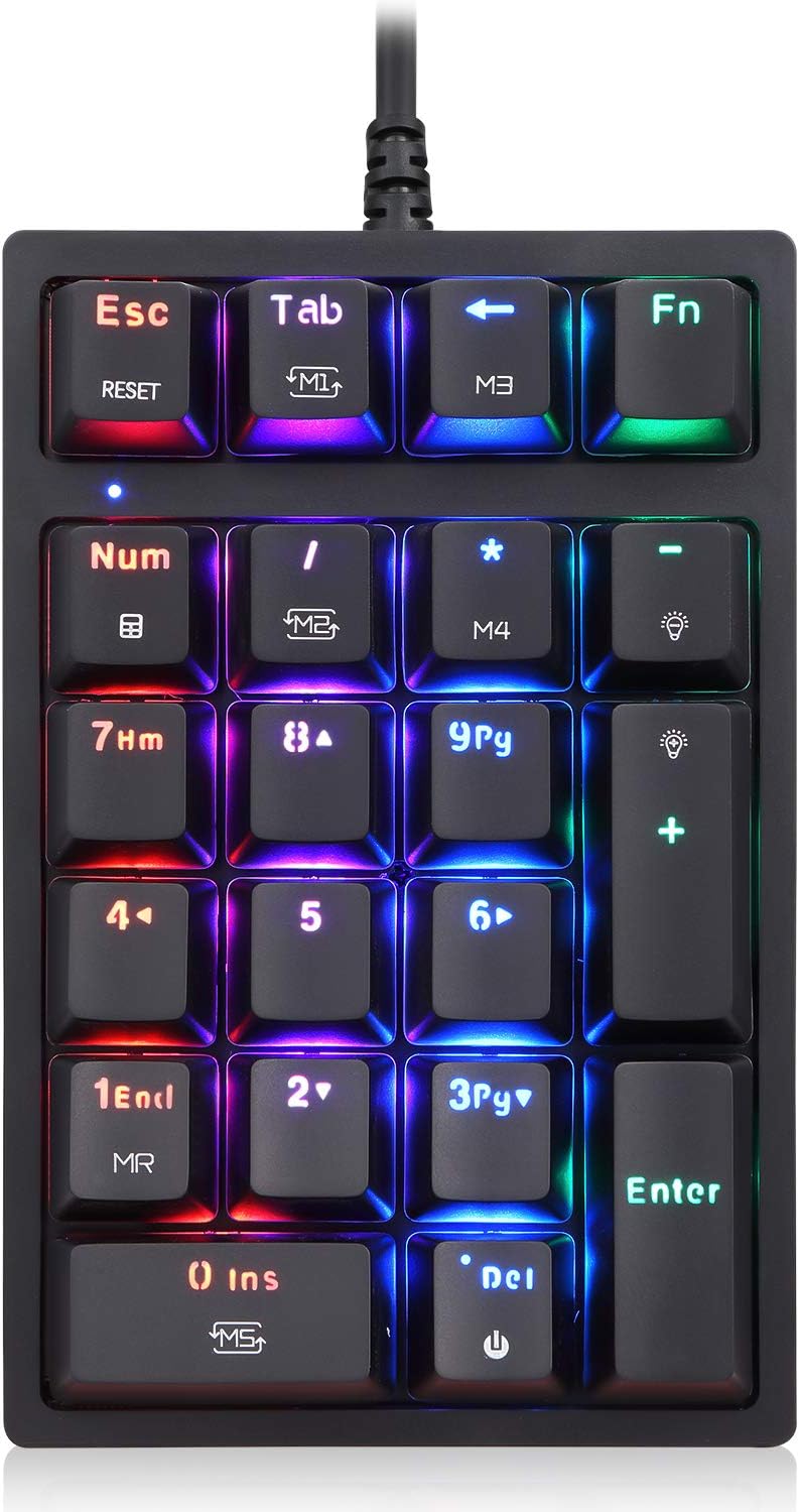 MOTOSPEED Macro Mechanical Numeric Keypad USB Wired 21 Keys Mini Numpad Portable Keypad RGB Backlight Gaming Keypad Extended Layout for Cashier(Fully Programmable Keys)