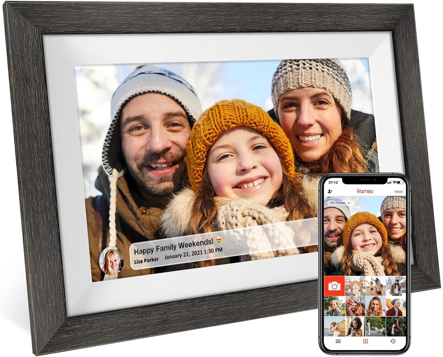 Frameo 10.1 inch Digital Picture Frame WiFi Smart Digital Photo Frame Wood IPS HD 1280 * 800 1080P Touch Screen Auto-Rotate Easy Setup to use Free Share Photos and Videos Gift for mon Father Women