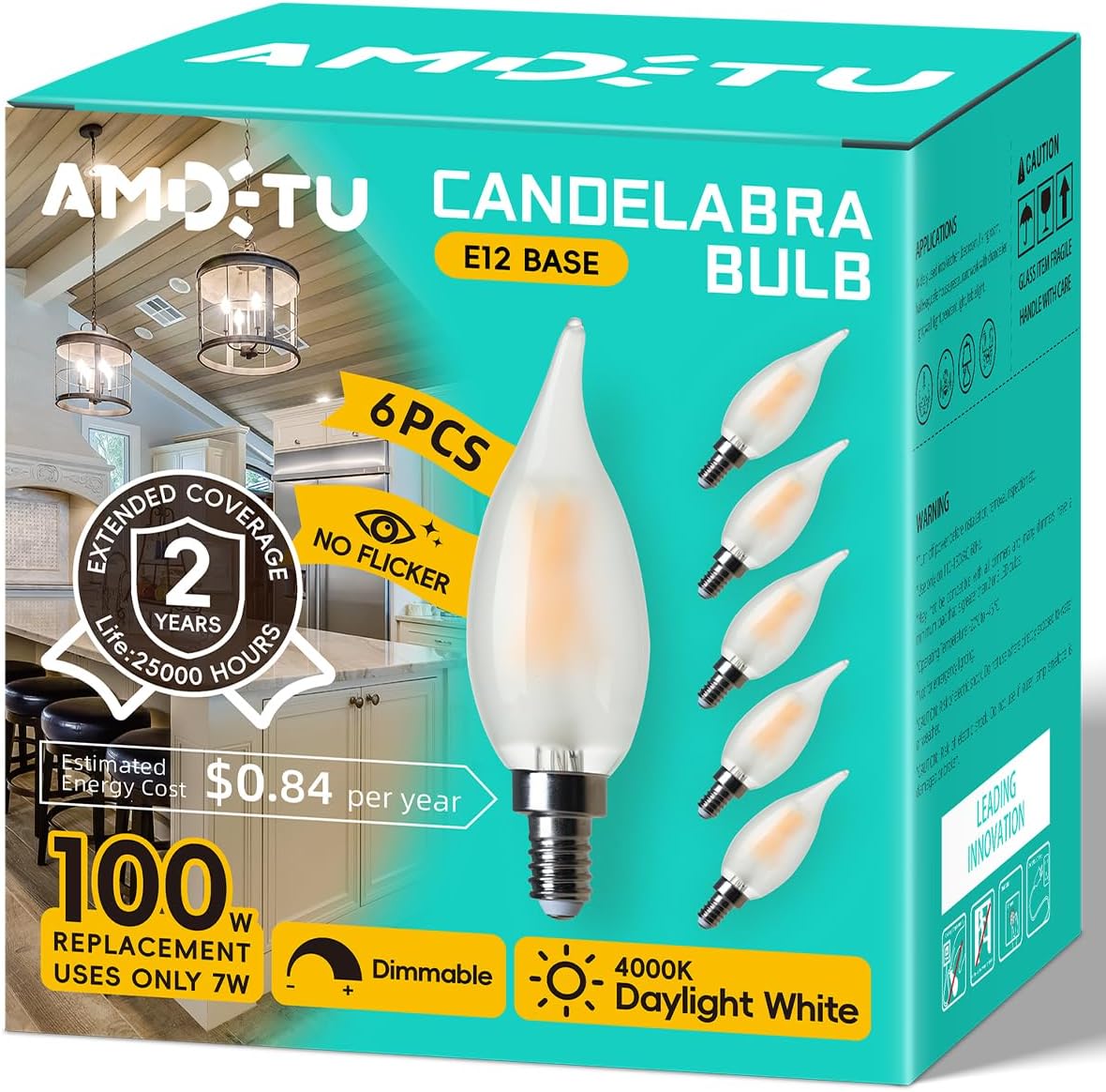 E12 7W Equivalent Frosted LED Candelabra Bulb, CA10 Candle, 4000K Bright White, Dimmable Small Base, Ideal for Living Rooms, Dining Areas, and Entryways, High-Performance Indoor Lighting