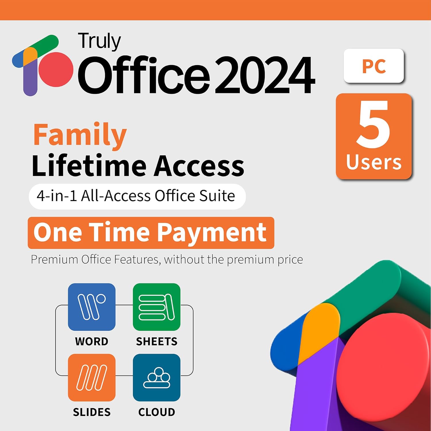 TrulyOffice 2024 Family Lifetime License for Windows | 4 in 1 All Access TrulyOffice Suite | Words, Sheets, Slides, and Cloud | 5 Users | Physical Activation Card