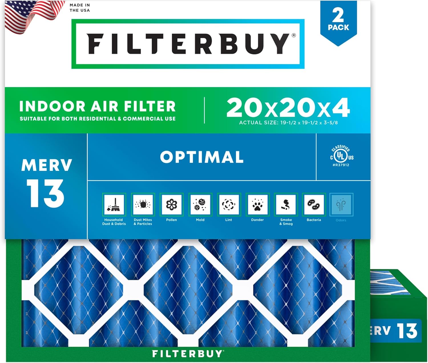 Filterbuy 20x20x4 Air Filter MERV 13 Optimal Defense (2-Pack), Pleated HVAC AC Furnace Air Filters Replacement (Actual Size: 19.50 x 19.50 x 3.63 Inches)