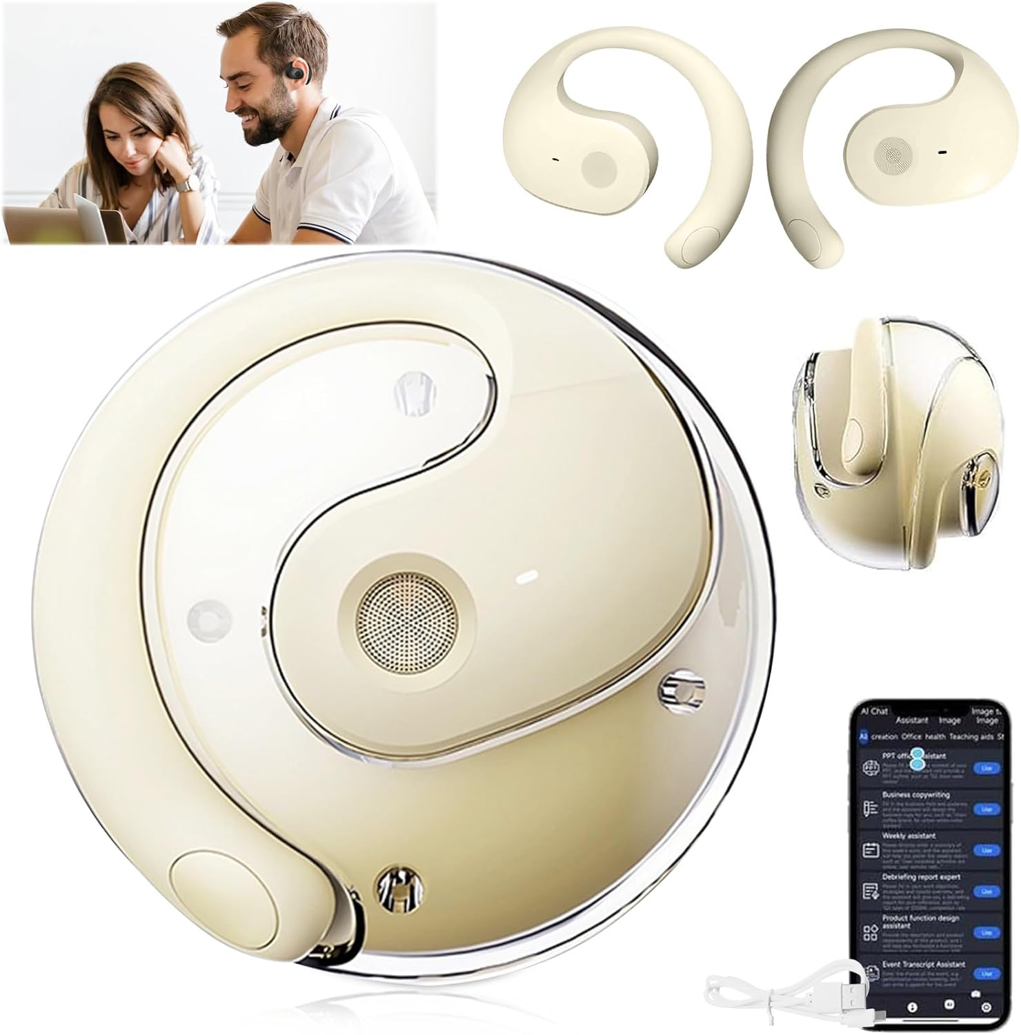 Hy-Undai Hy-T26 Pro Language Translator, Wireless High Precision Translation Headphones, Simultaneous Interpretation Earphone, Ai Hy-Undai Hy T26 Pro, Transcription Accuracy Rate 98% (Off White)