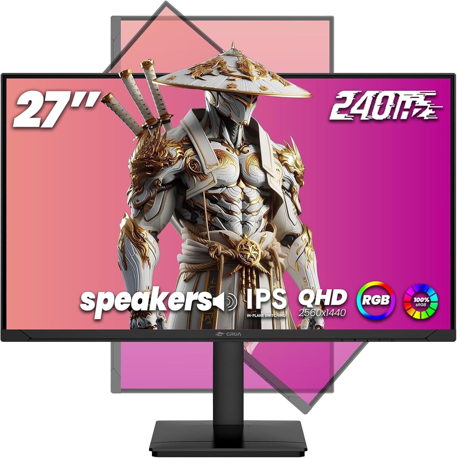 CRUA 27 Inch Gaming Monitor QHD 1440P 240Hz 100% sRGB IPS Computer Monitor with Built in Speaker, Height/Pivot/Swivel/Tilt Adjustable Vertical Monitor, Support FreeSync, DP, HDMI, Wall Mount-Black