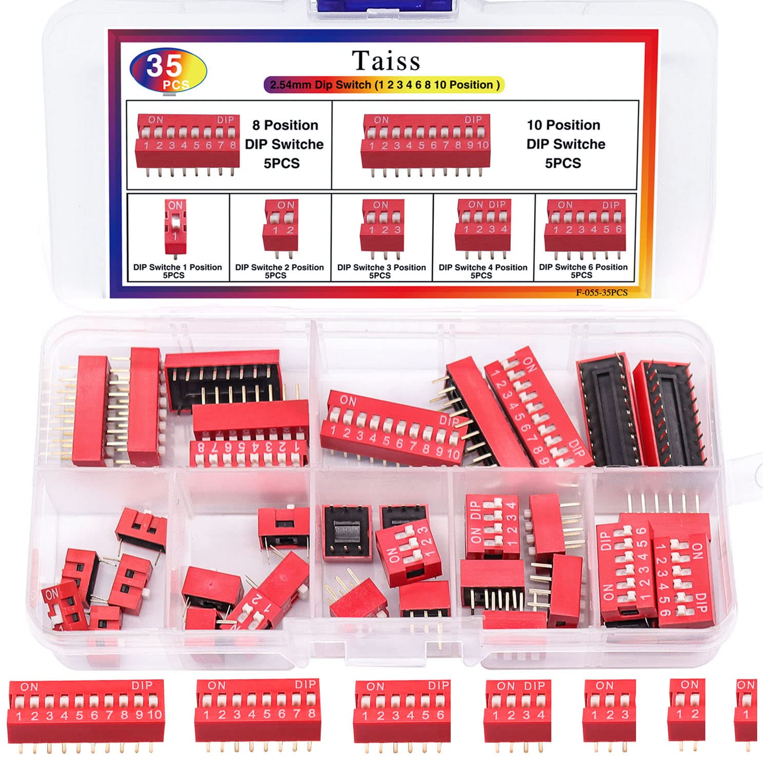 Taiss 35PCS Double Row Dip Switch Assorted Kit 1 2 3 4 6 8 10 Position 2.54mm PCB Mountable On Off DIP Switches Slide Type Red Toggle Switch for Circuit,Breadboards F-055-35PCS