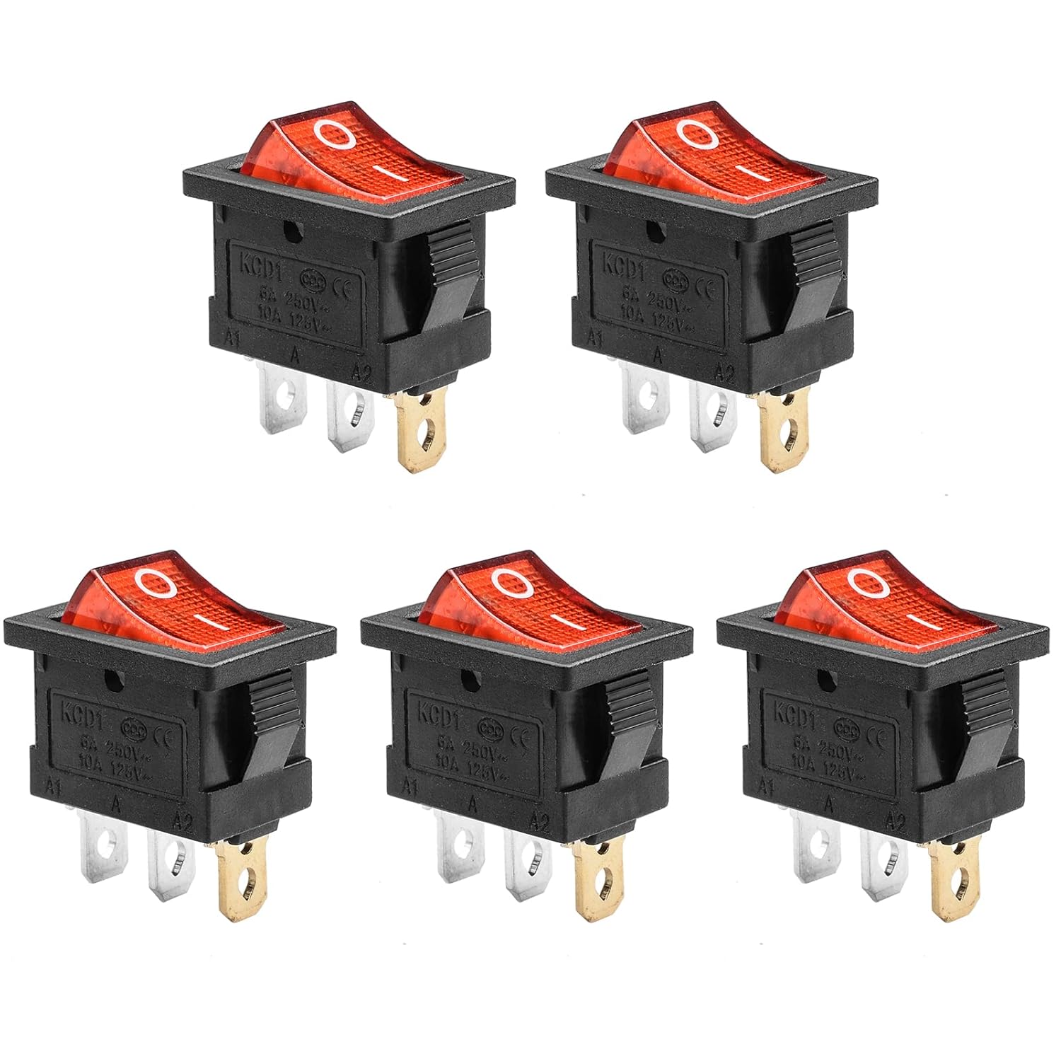 QTEATAK KCD1 On/Off 3-Pin 2-Position Snap 10A/125V, 6A/250V Red LED Boat Rocker Switch-5Pack