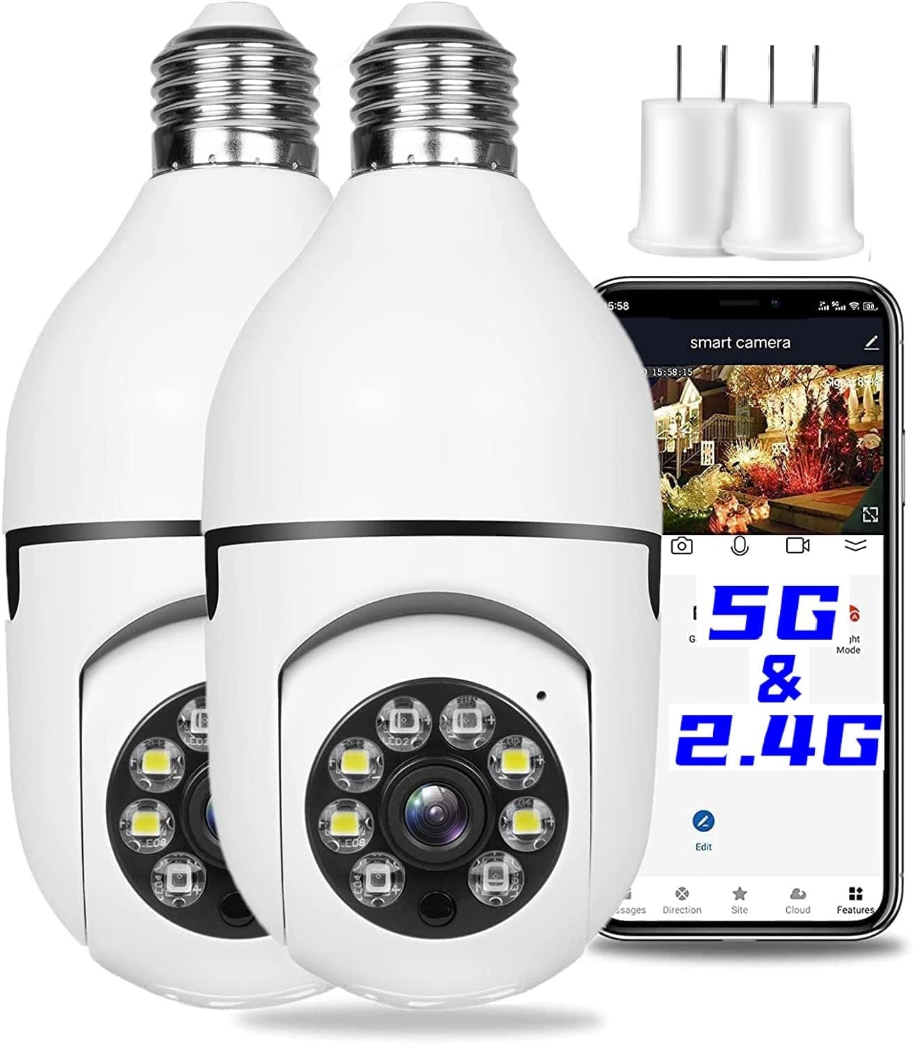 2Pcs Light Bulb Security Camera 2.4GHz & 5G WiFi Outdoor, 1080P E27 Light Socket Security Camera, Indoor 360° Home Security Cameras, Full Color Day and Night, Smart Motion Detection (2PCS, Support 5G)