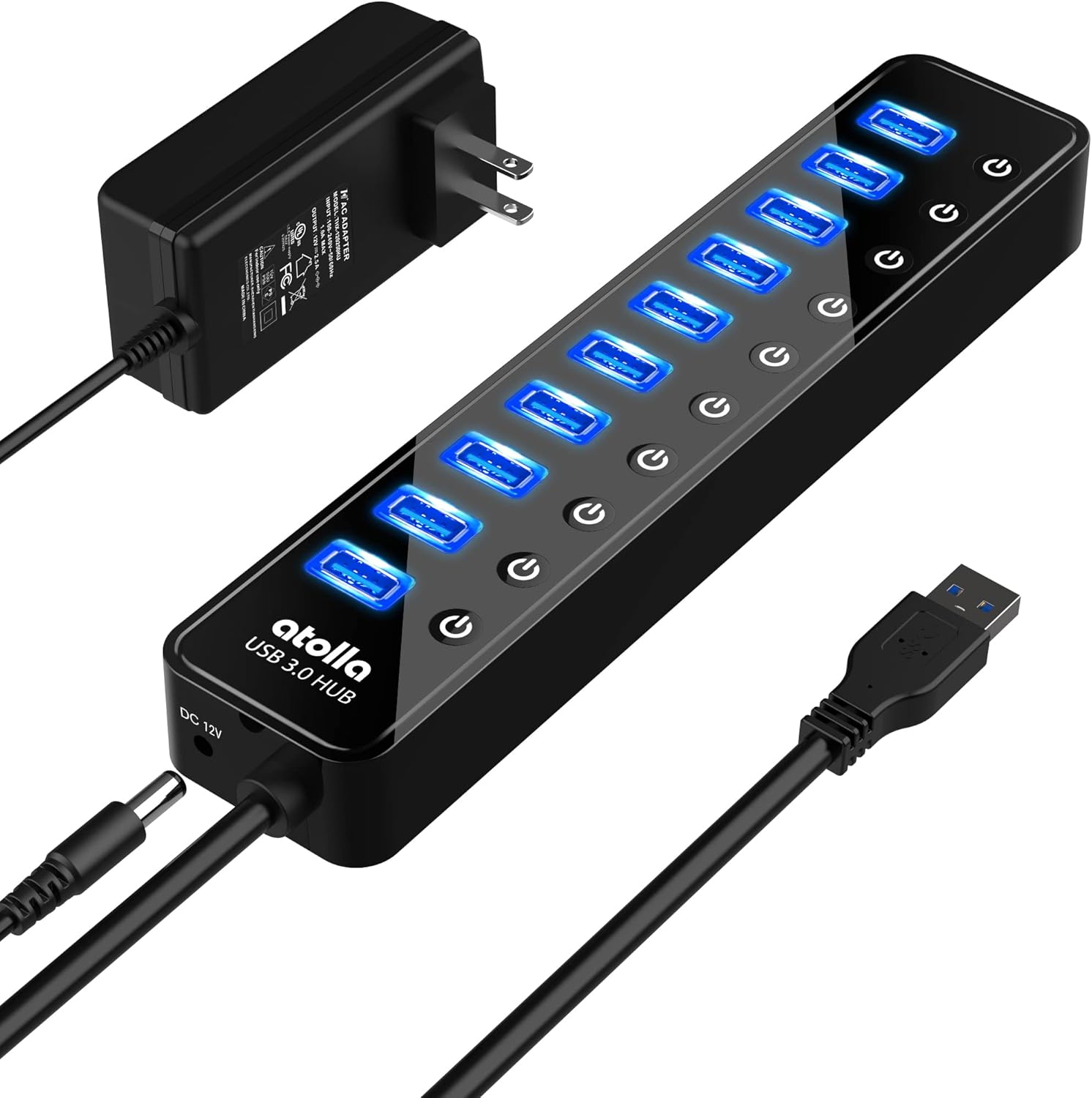 Powered USB 3.0 Hub, atolla 10 Ports USB Data Hub Splitter with Individual ON/Off Switches and 12V/2.5A Power Adapter USB Extension for Mouse, Keyboard, Hard Drive or More USB Devices