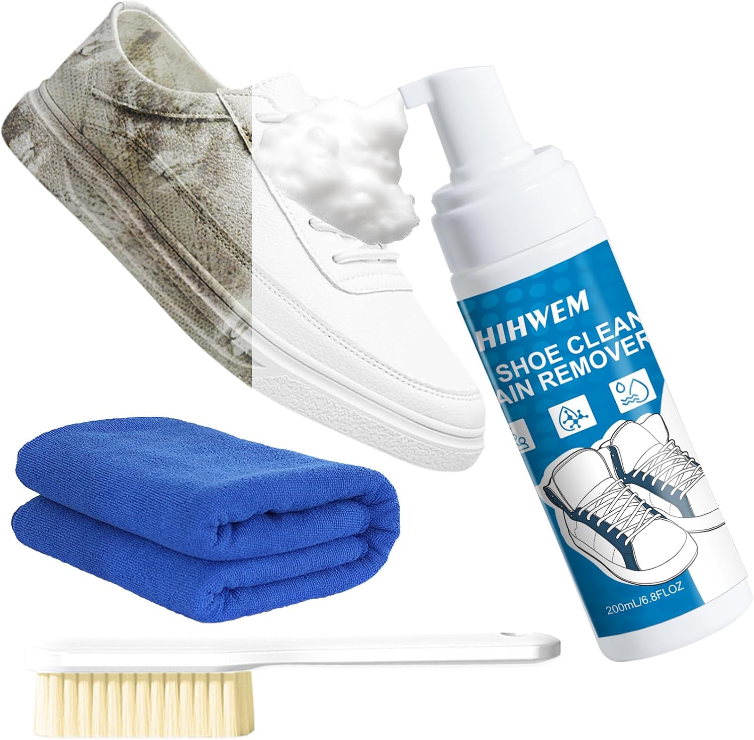 White Shoe Cleaner Kit 6.76oz White Sneaker Cleaning Foam with Brush & Towel, Works on Leather,Mesh,Knit Fabrics