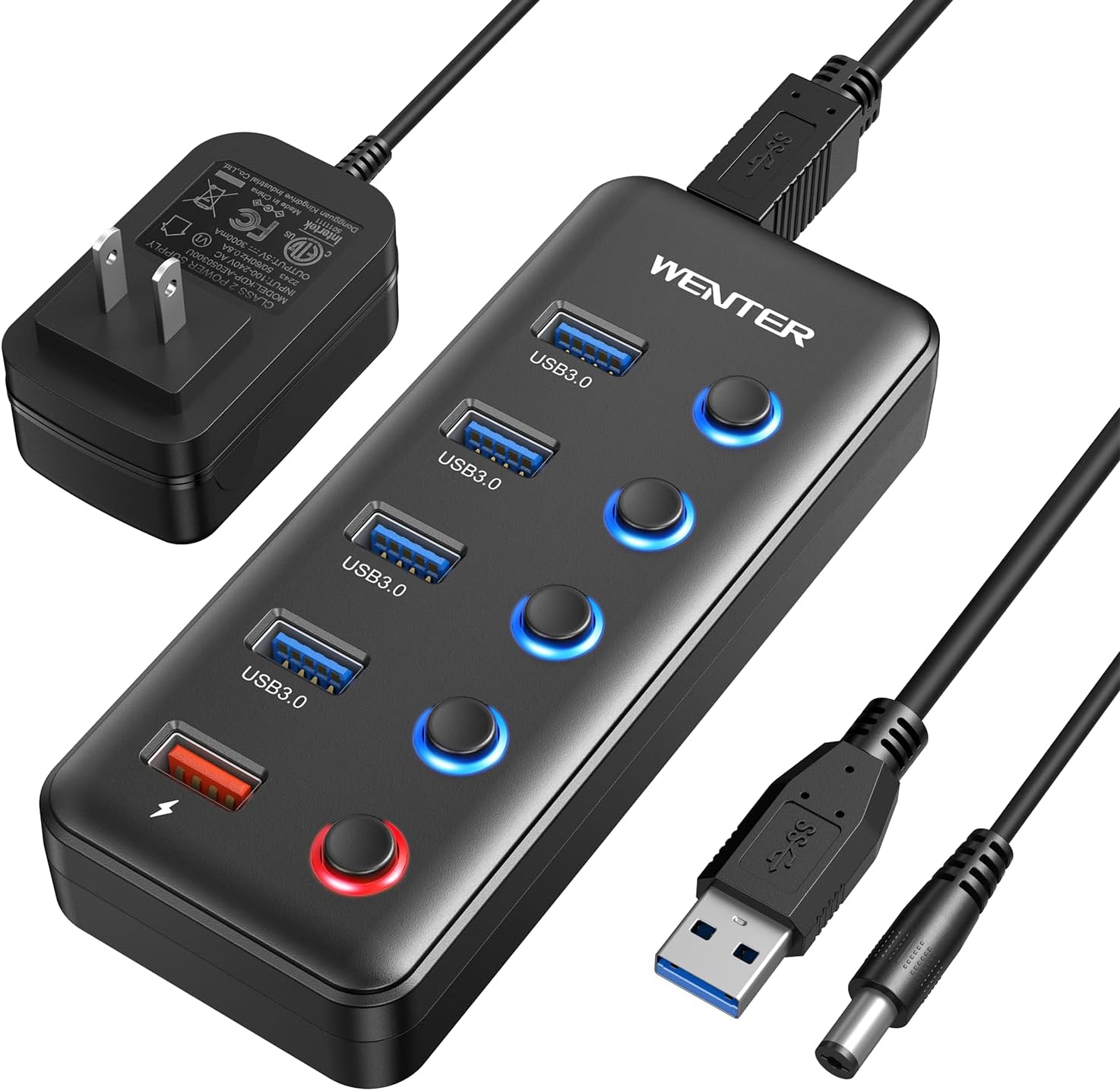 Powered USB Hub, Wenter 5 Ports USB 3.0 Hub (4 Data Transfer Ports+ 1 Smart Charging Port) with Individual LED On/Off Switches, USB Hub 3.0 Powered with 15W Power Supply for PC, MAC