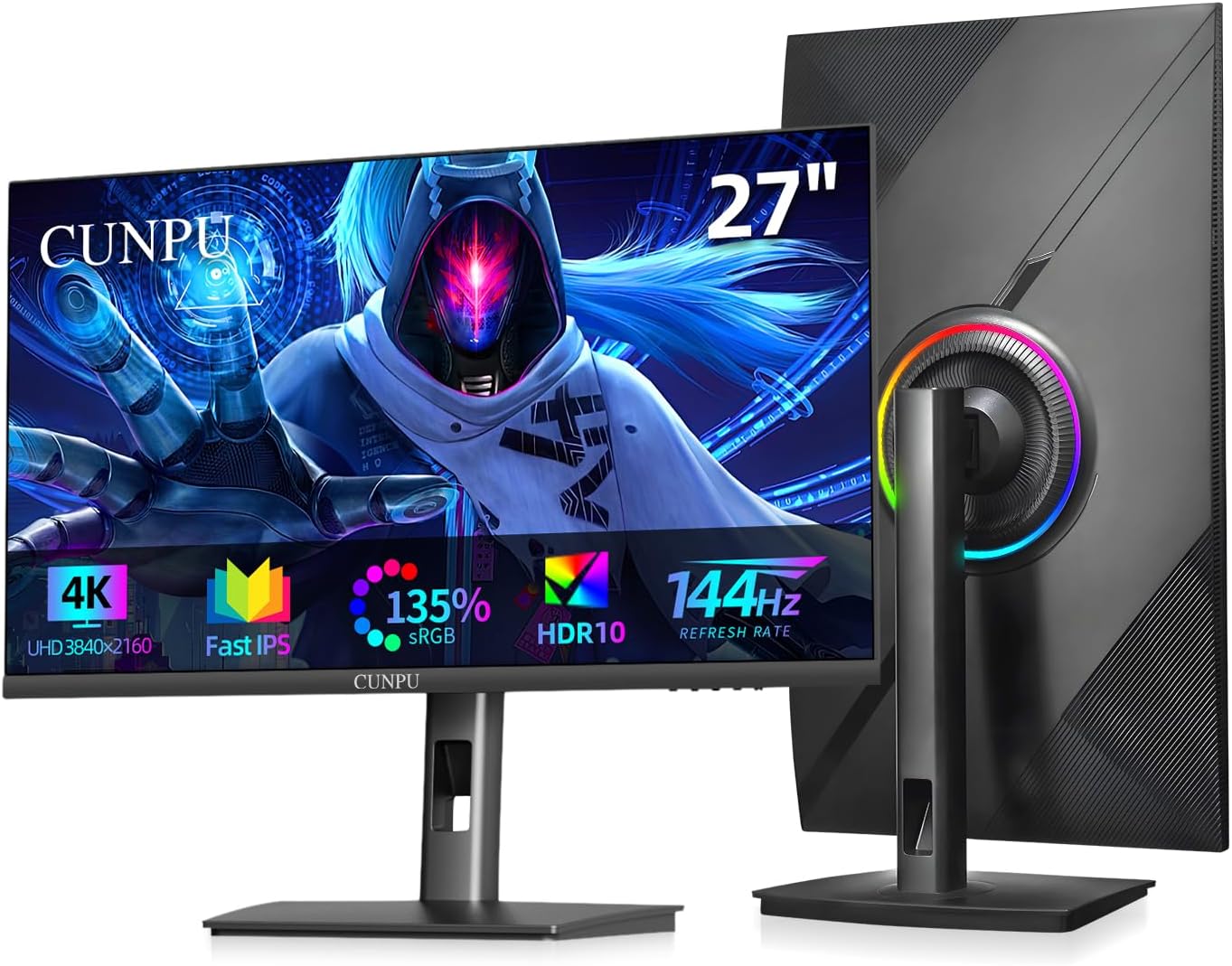 27 Inch 4K 144Hz Gaming Monitor, UHD 3840×2160 Fast IPS Panel PC Monitor, 1ms GTG, HDR10, 99% DCI-P3, Freesync & G-sync, Height/Pivot/Tilt/Swivel Adjustment, Built-in Speaker, HDMI,DisplayPort