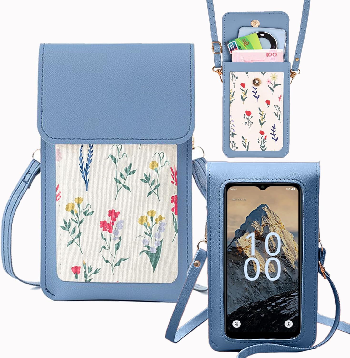 for Cloud Stratus C8 Phone Cover, Cloud Mobile Stratus C8 Case PU Leather Card Holder [Transparent Touch Screen] With Wristlet Strap Lanyard, Cell Phone Case Wallet Floral Printed Pattern Blue