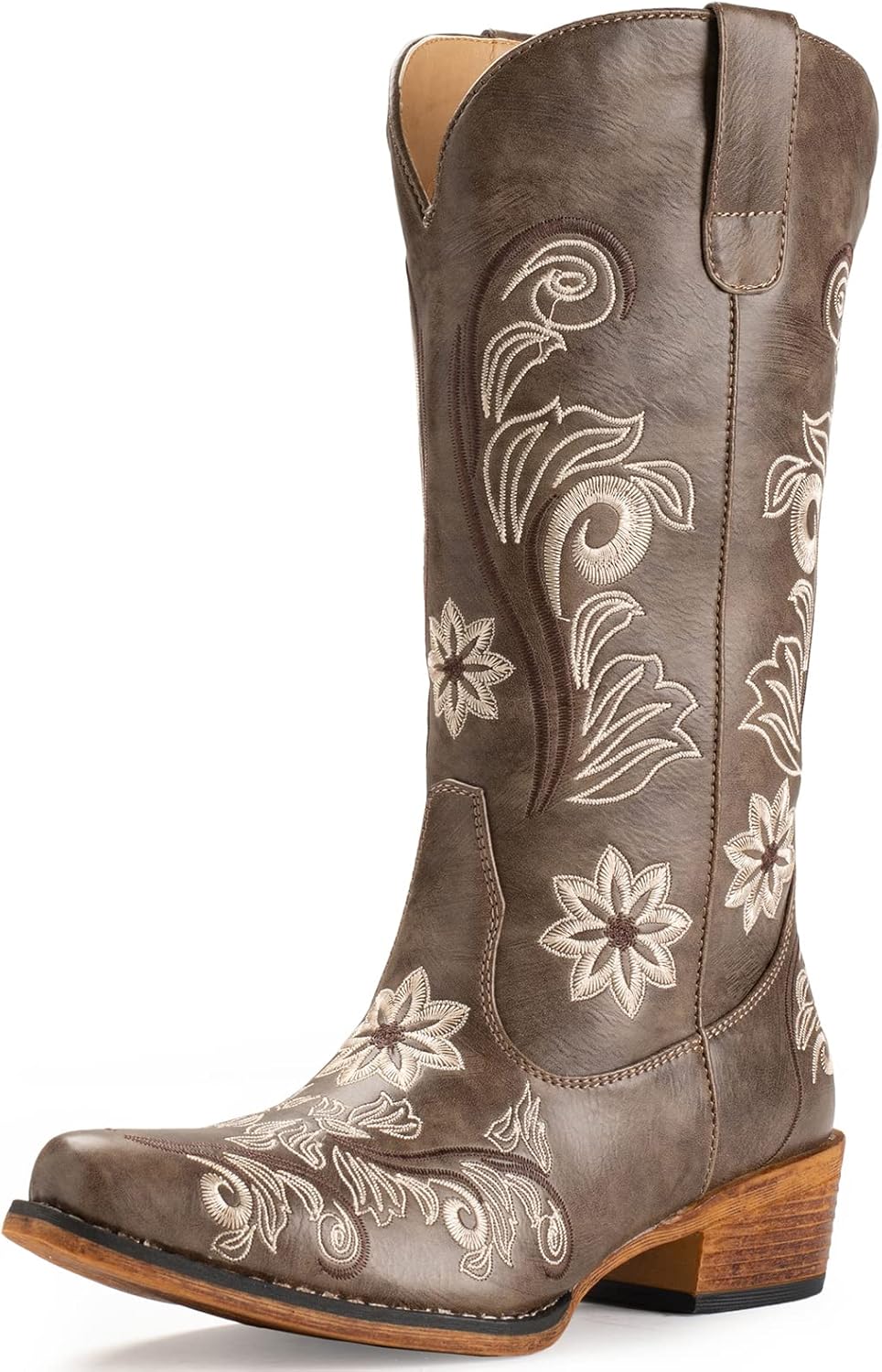 IUV Cowboy Boots For Women Mid Calf Western Boots Cowgirl Pull-On Tabs Pointy Toe Boot