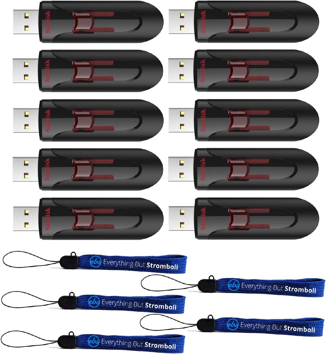 SanDisk 256GB Cruzer Glide 3.0 USB Flash Drive (10 Pack) Pen Drive Works with Laptop Computers with USB 2.0/3.0 Port (SDCZ600-256G-G35) Bundle with (5) Everything But Stromboli Lanyards