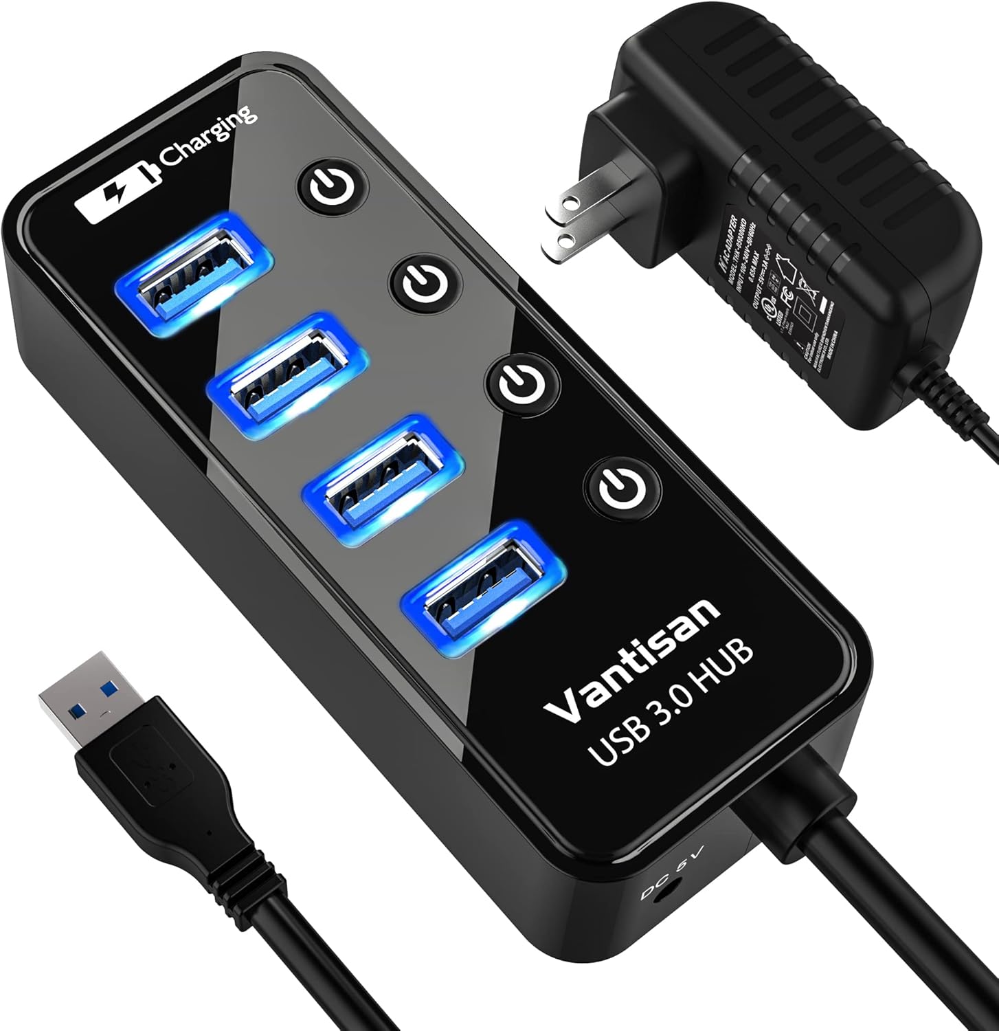 Powered USB 3.0 Hub, USB Extension 4-Port USB Hub Splitter (4 USB 3.0 Data Ports+1 Smart Charging Port) with 5V/3A Powered Adapter and Individual ON/Off Switches