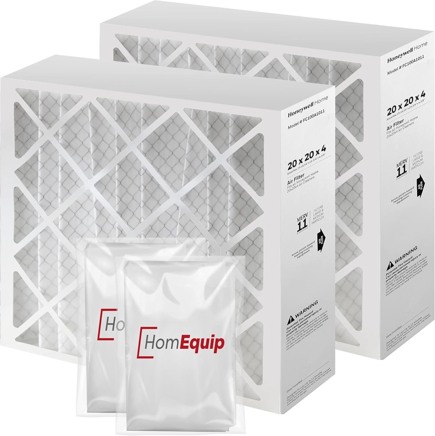 Honeywell 20x20x4 Air Filter Replacement – FC100A1011 HVAC Furnace Filters with Merv 11 Filter Media, AC Filter with Homequip Disposal Bag 2-Pack (Actual Size: 19.94 x 19.75 x 4.38 Inches)