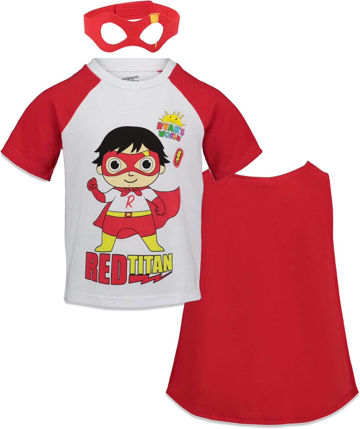 RYAN’S WORLD Red Titan Cosplay T-Shirt Cape and Mask 3 Piece Outfit Set Toddler to Little Kid