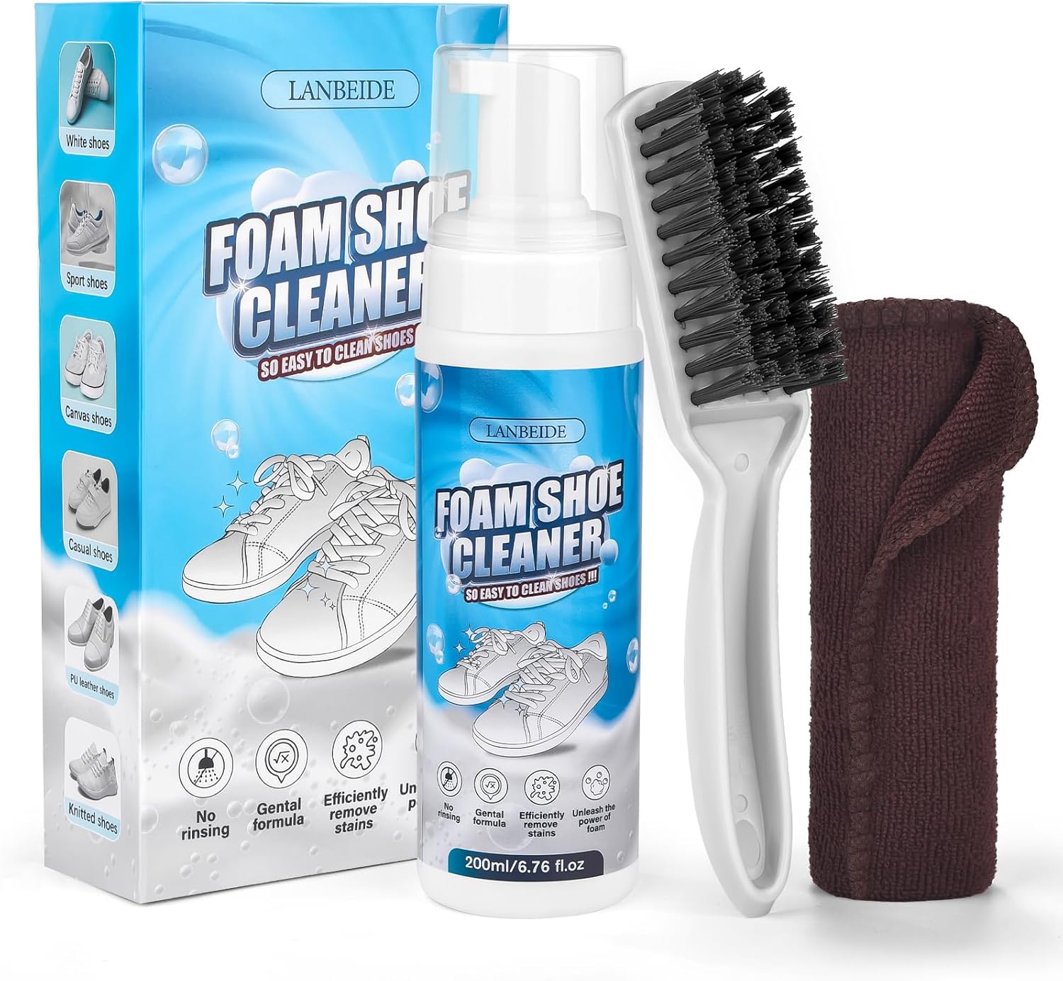 LANBEIDE Shoe Cleaner, Shoe Cleaning Kit-6.76 Oz Sneaker Cleaner with Brush and Towel, White Shoe Cleaner Foam Shoe Cleaner