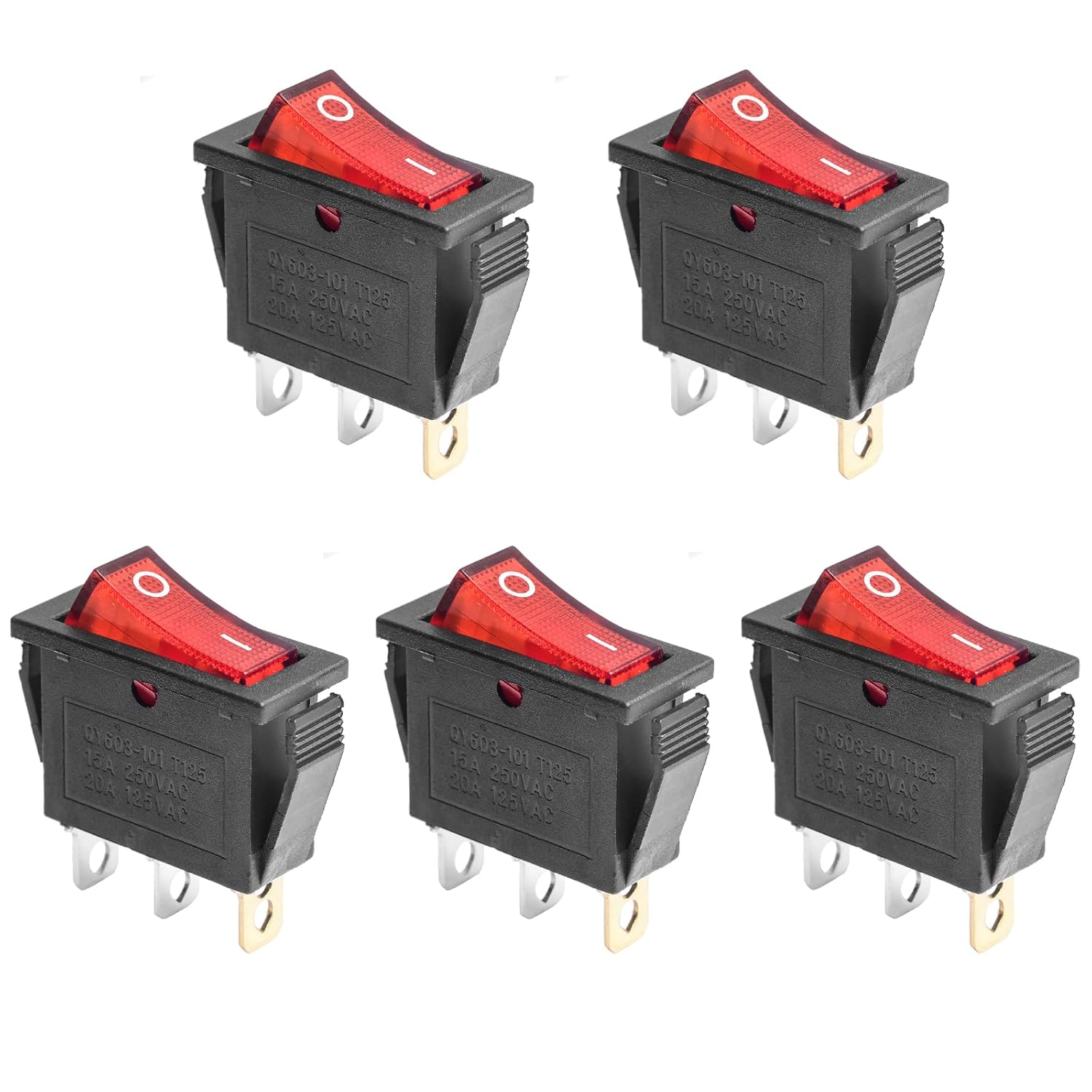 QTEATAK 5Pcs AC 250V/15A, 125V/20A Red Light Illuminated LED On/Off SPST 3 Pin 2 Position Mini Boat Rocker Toggle Switch Snap for Car Boat