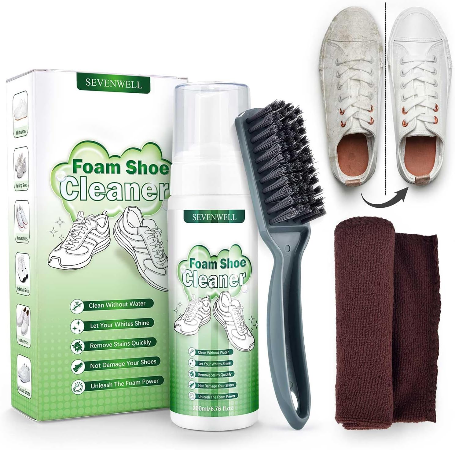 SEVENWELL Foam Shoe Cleaner Kit, 6.76 Oz White Shoe Cleaning with Brush and Towel, Sneaker Cleaning Kit Removes Dirt and Stain for White Shoes, Suede, Leather, Canvas, Knit, Boots, Fabric, PU