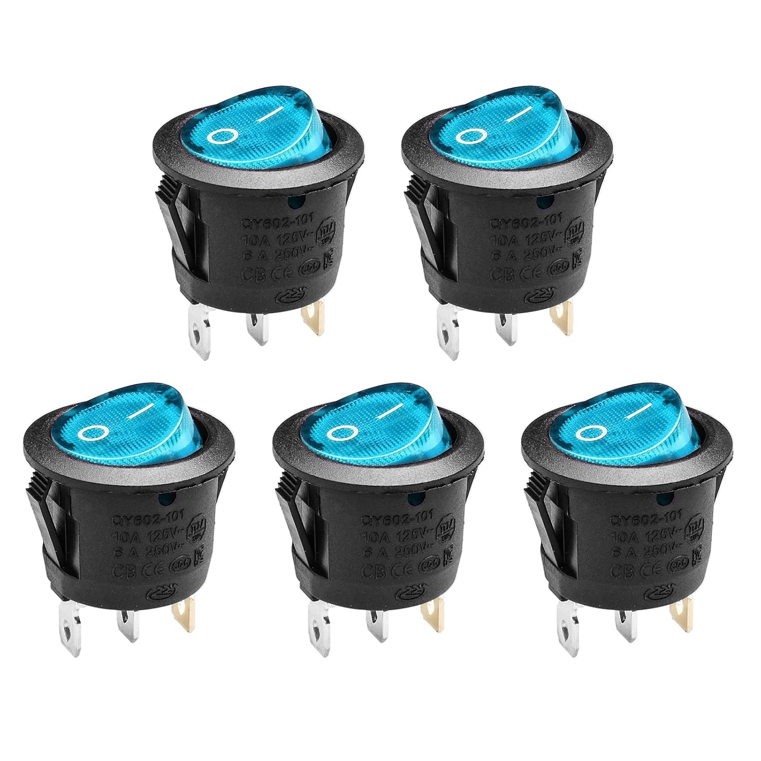 QTEATAK SPDT AC 6A/125V 10A/250V 3 Pins 2 Position On/Off Blue LED Rocker Toggle Switch for Car and Boat Toggle Switches