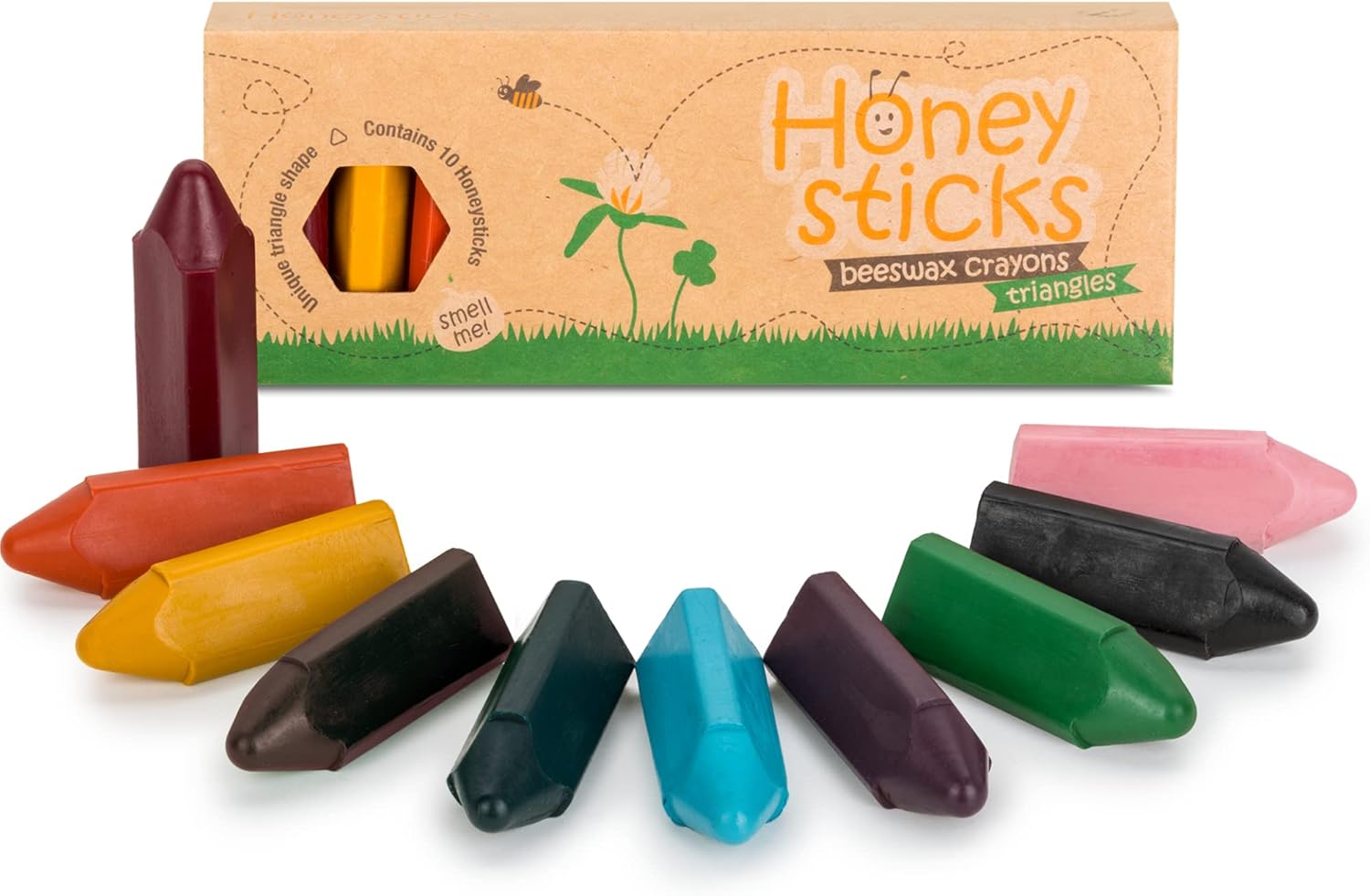 Honeysticks Triangular Crayons (10 Pack) – 100% Pure Beeswax, Food Grade Colors, Non Toxic Crayons for Baby, Toddlers ages 1-3,2-4, Triangle Shape for Pencil Grip Development. Handmade in New Zealand