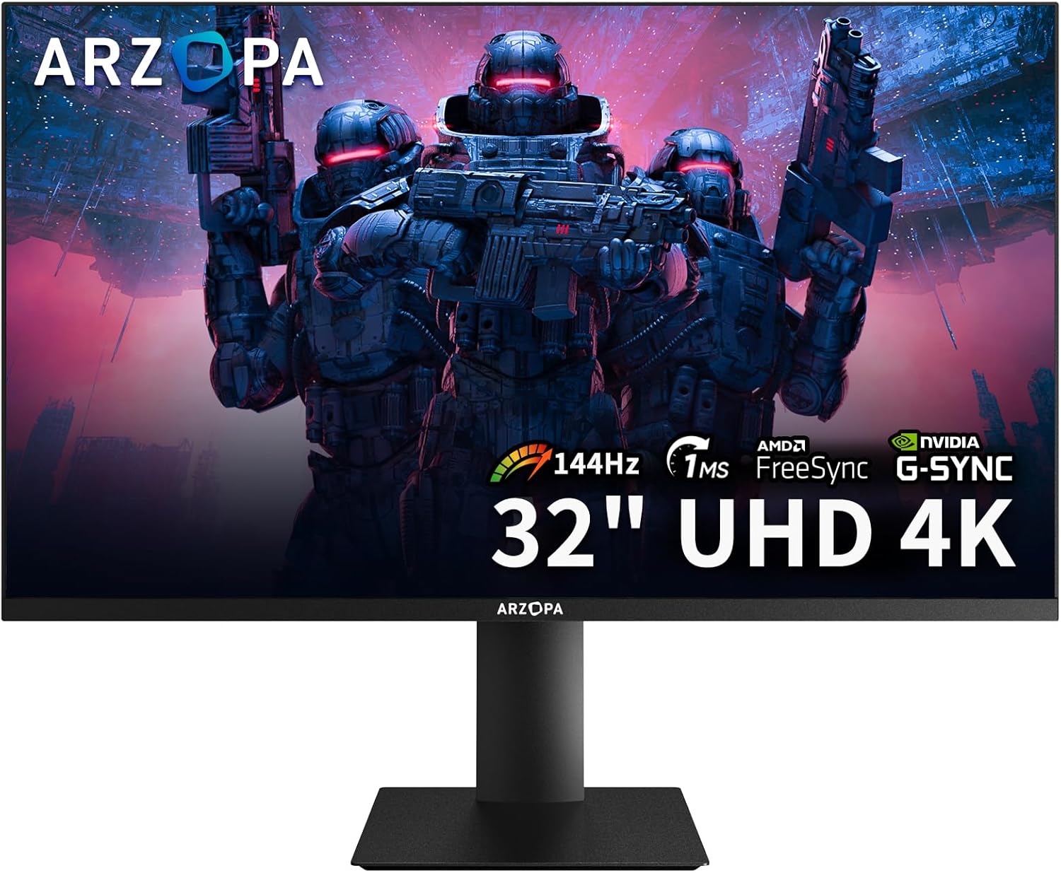 ARZOPA 32” 4K UHD (3840×2160) Gaming Monitor 144HZ IPS Screen, Height Adjustable Stand, VESA Mountable, Support AMD Freesync & NVIDIA G-Sync, DP 1.4, HDMI 2.1 -M3RC