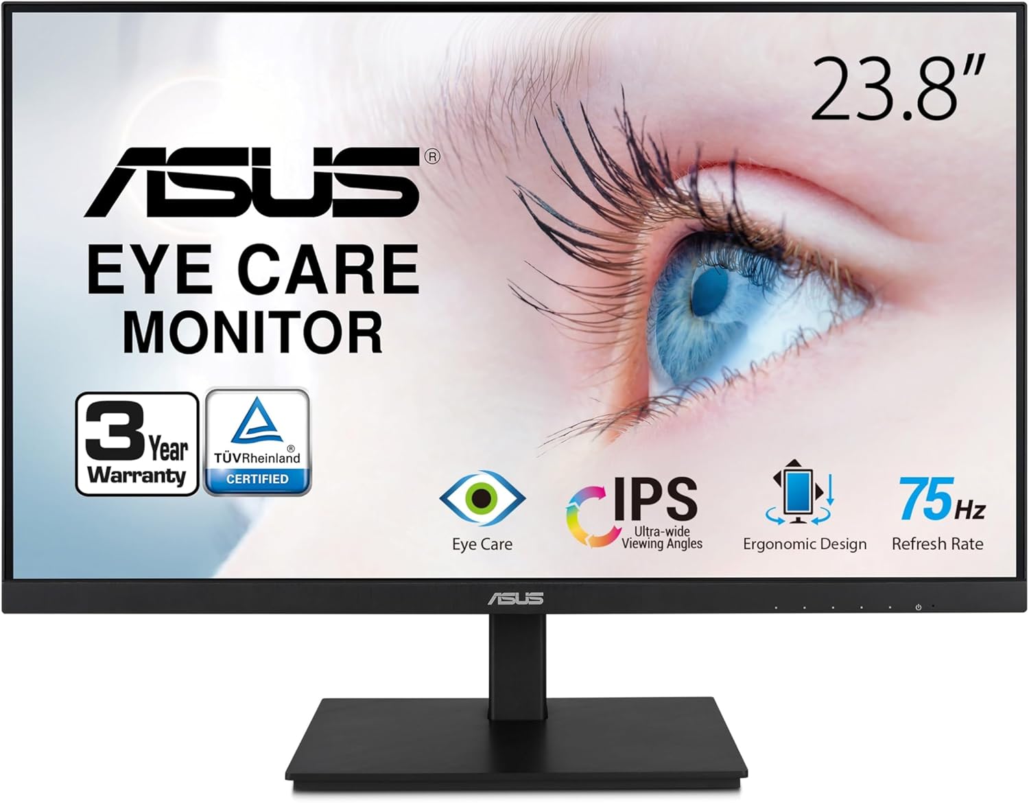 ASUS 23.8”1080P Monitor(VA24DQSB)-Full HD,IPS,75Hz,Speakers Adaptive-Sync Low Blue Light Flicker Free VESA Mountable Frameless, HDMI DisplayPort, VGA, USB hub Height Adjustable, BLACK,12.8″x21.3″x2.1″