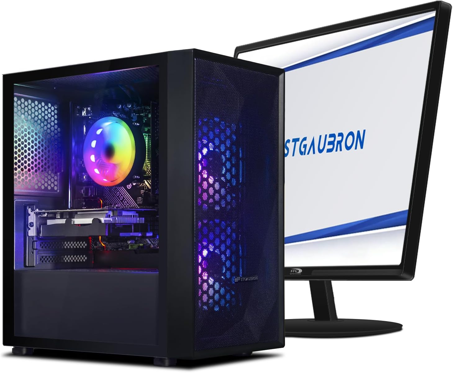 STGAubron Gaming PC Bundle with 24Inch FHD LED Monitor-GeForce GTX 1660 Super 6G, Intel Core i3-10100F up to 4.3G, 16G DDR4, 1T SSD, RGB Fan x3, RGB Sound Bar, RGB Gaming Mic, Wi10H64