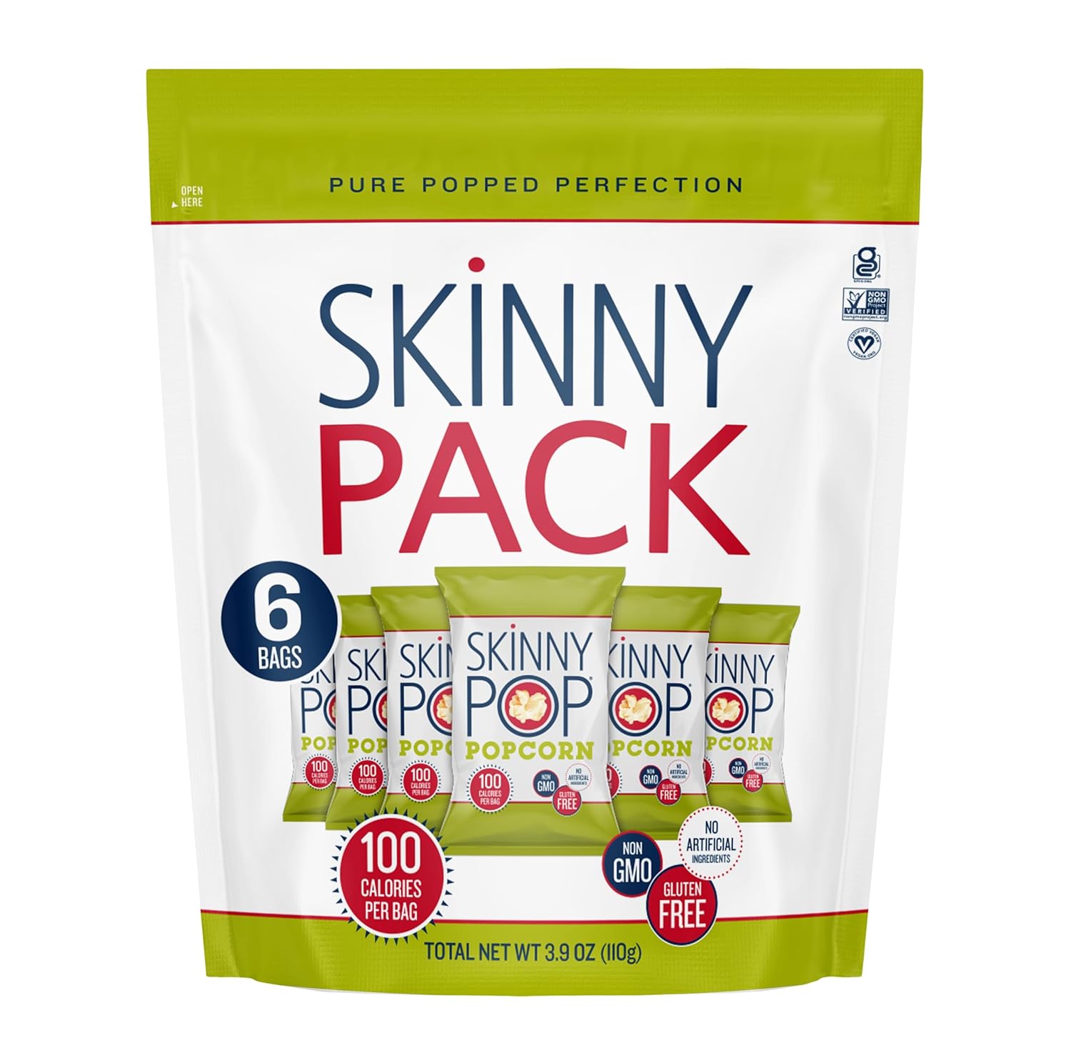 SkinnyPop Popcorn, Gluten Free, Dairy Free, Non-GMO, Healthy Snacks, Skinny Pop Original Popcorn Snack Packs, 0.65oz Individual Size Snack Bags (6 Count)