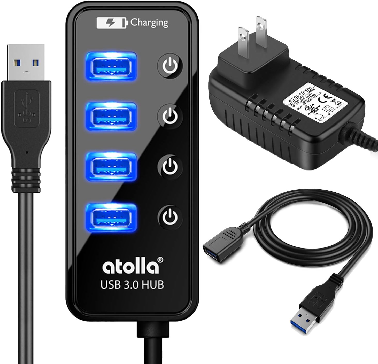 Powered USB Hub Long Cord, atolla USB 3.0 Hub 4 + 1 Data Transfer and Charging Multiport with Power Supply Adapter 15W (5V/3A) and 3.3ft Meter USB 3 Extension Cable