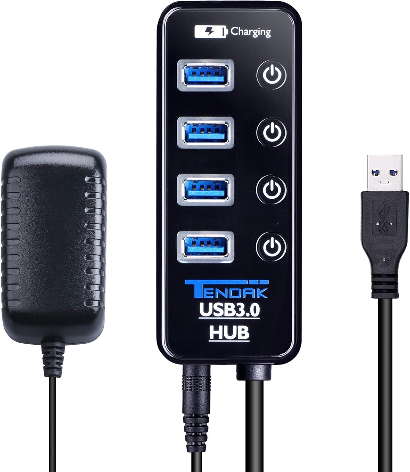 USB 3.0 Hub – Tendak USB Hub with 4 USB 3.0 Data Ports + 1 USB Smart Charging Port and Power Supply Adapter with Individual On/Off Port Switches for MacBook, Mac Pro, HDD