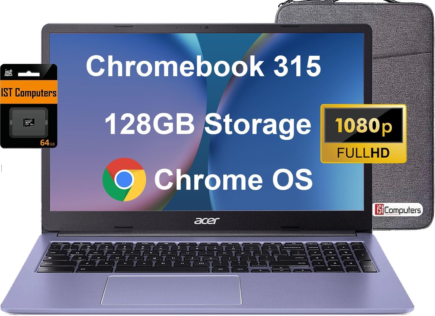 acer Chromebook 315 (15.6″ FHD, Intel Celeron N4500, 4GB RAM, 128GB Storage (64GB eMMC + 64GB IST SD Card) Home & Student Laptop, 10-Hr Long Battery Life, Wi-Fi 6, Webcam, Chrome OS, Purple