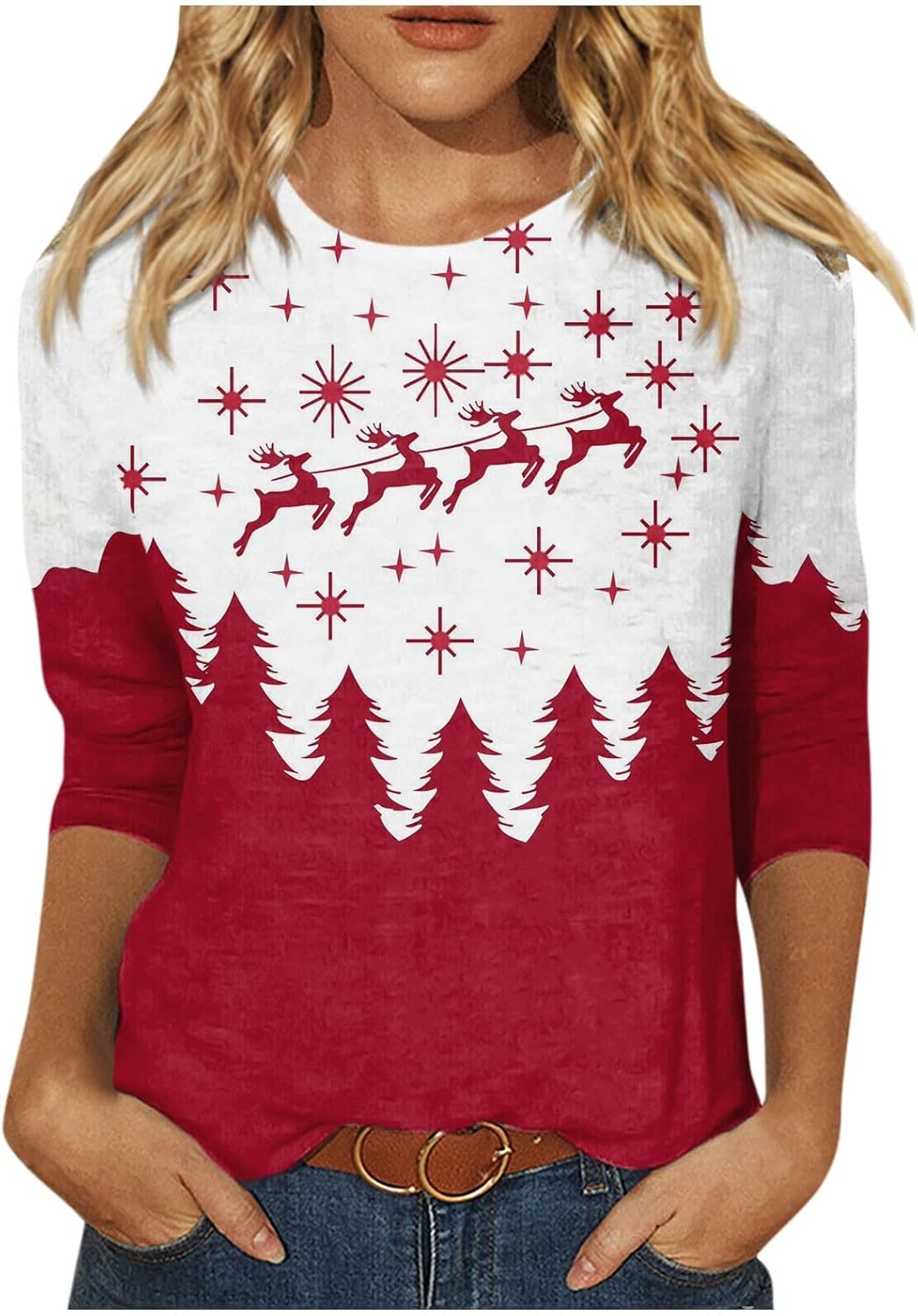 Christmas Shirts for Women Glitter Xmas Tree Print 3/4 Sleeve Blouse Cotton Crewneck Tops Pullover Gifts Tunic Tshirt