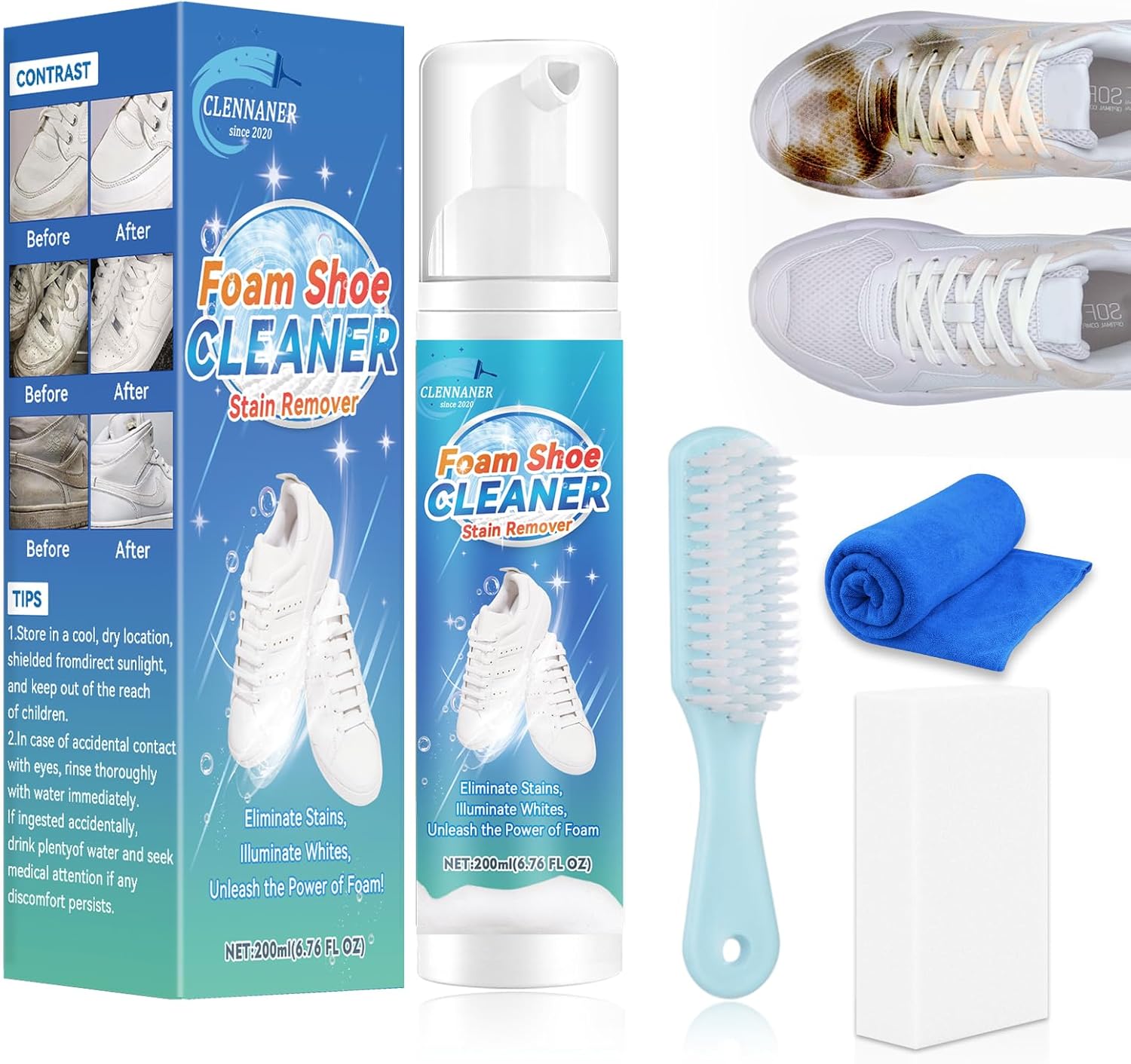 White Shoe Cleaner, 6.76 Oz Shoe Cleaning Kit with Brush and Towel, Sneaker Cleaner Works on Leather, Knit, Canvas, PU