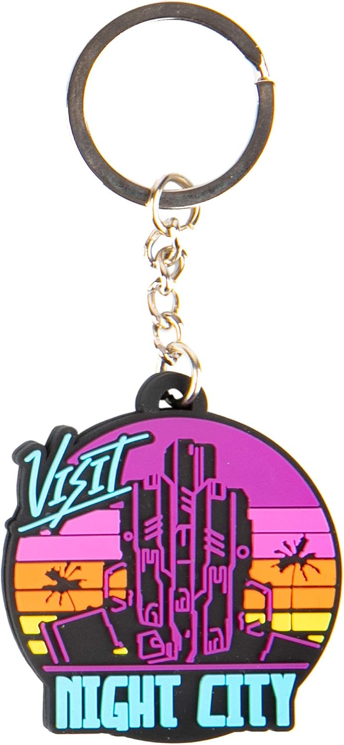 JINX Cyberpunk 2077 Visit Night City Rubber Key Chain, Multi-Colored, 1.92″ Tall