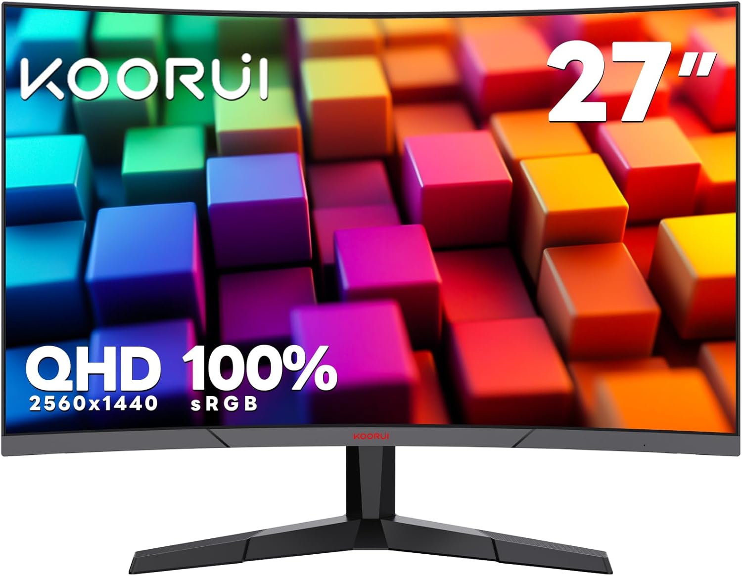 KOORUI 27 inch Monitor, 2K QHD 1440p Monitor Curved Gaming Monitor 144hz 1ms,1800R, 2560X1440,Freesync,3 Sides Frameless Computer Monitors,VESA Mountable Support DP HDMI