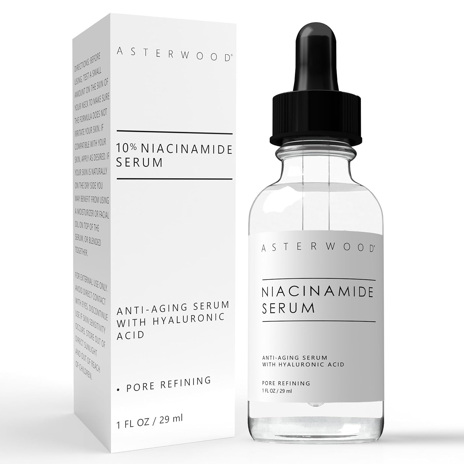 Asterwood Niacinamide Serum for Face – Anti-Aging, Pore Minimizing, Hydrating – Vitamin B3 Facial Serum – with Hyaluronic Acid – Tone, Texture – 10% Niacinamide – 29 ml/1 oz