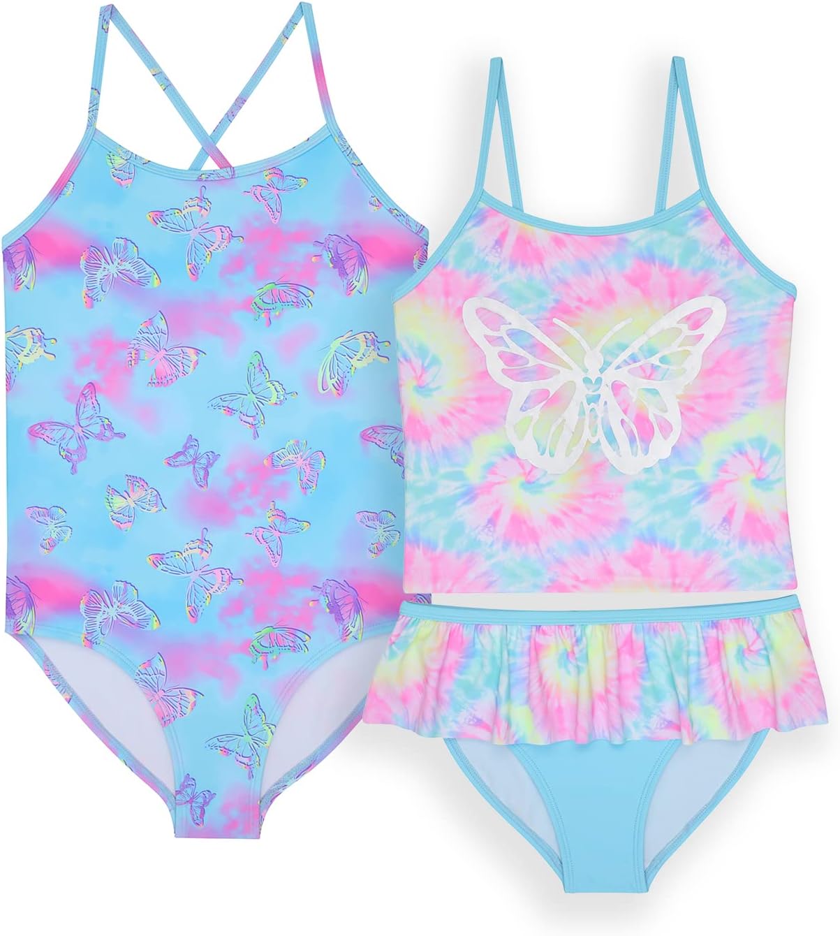 BTween Girls One Piece Bathing Suit & 2-pc Tankini Swimsuit Set, Kids Cute Swimwear – Mermaid, Rainbow, Unicorn or Butterfly