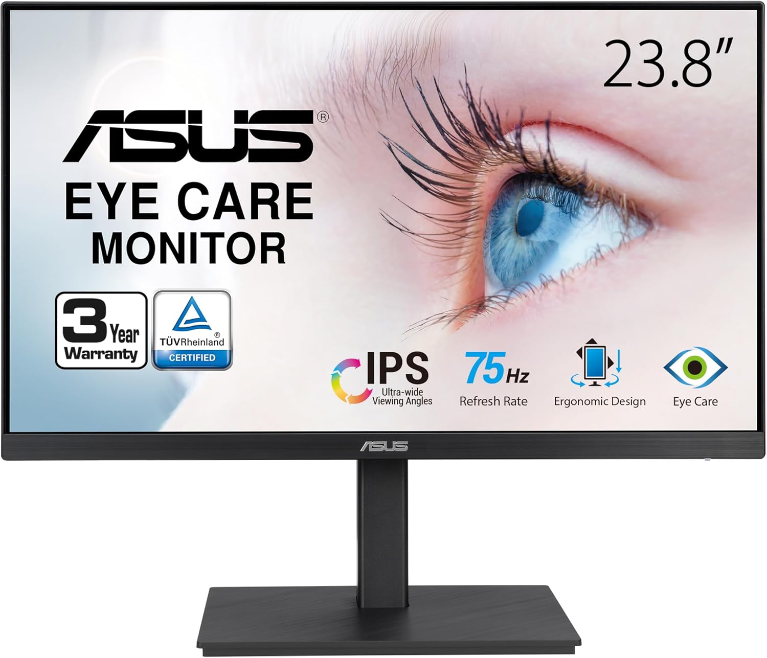 ASUS 23.8” 1080P Monitor (VA24EQSB) – Full HD, IPS, 75Hz, Built-in Speakers, Eye Care, Low Blue Light, Flicker Free, VESA Mountable, Height Adjustment, Frameless, DisplayPort, HDMI, VGA, USB Hub,BLACK