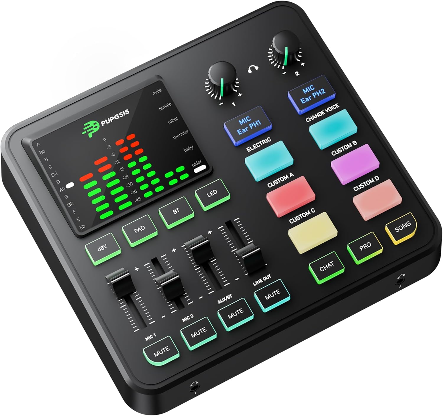 PUPGSIS Gaming Audio Mixer, Audio Interface with Pro-preamp, 48V Phantom Power, Bluetooth 5.3, RGB Lighting, PC Sound Board for Streaming, Podcasting, Recording, Content Creation