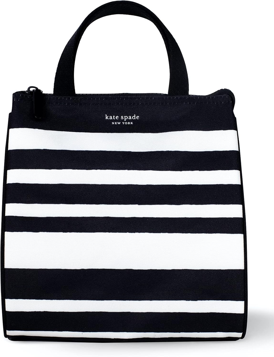 Kate Spade New York Black Portable Soft Cooler Lunch Bag, Thermal Tote with Silver Insulated Interior Lining and Storage Pocket, Sarah Stripe