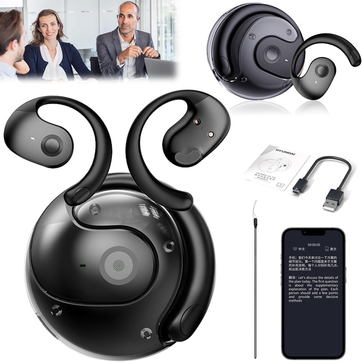 HY-T26 Pro Language Translator, HY-T26 Xpro Headphones,Wireless Bluetooth Audifonos Traductores En Tiempo Real, Supports 75 Languages, HiFi Stereo Sound, Portable Translator Device (Black)