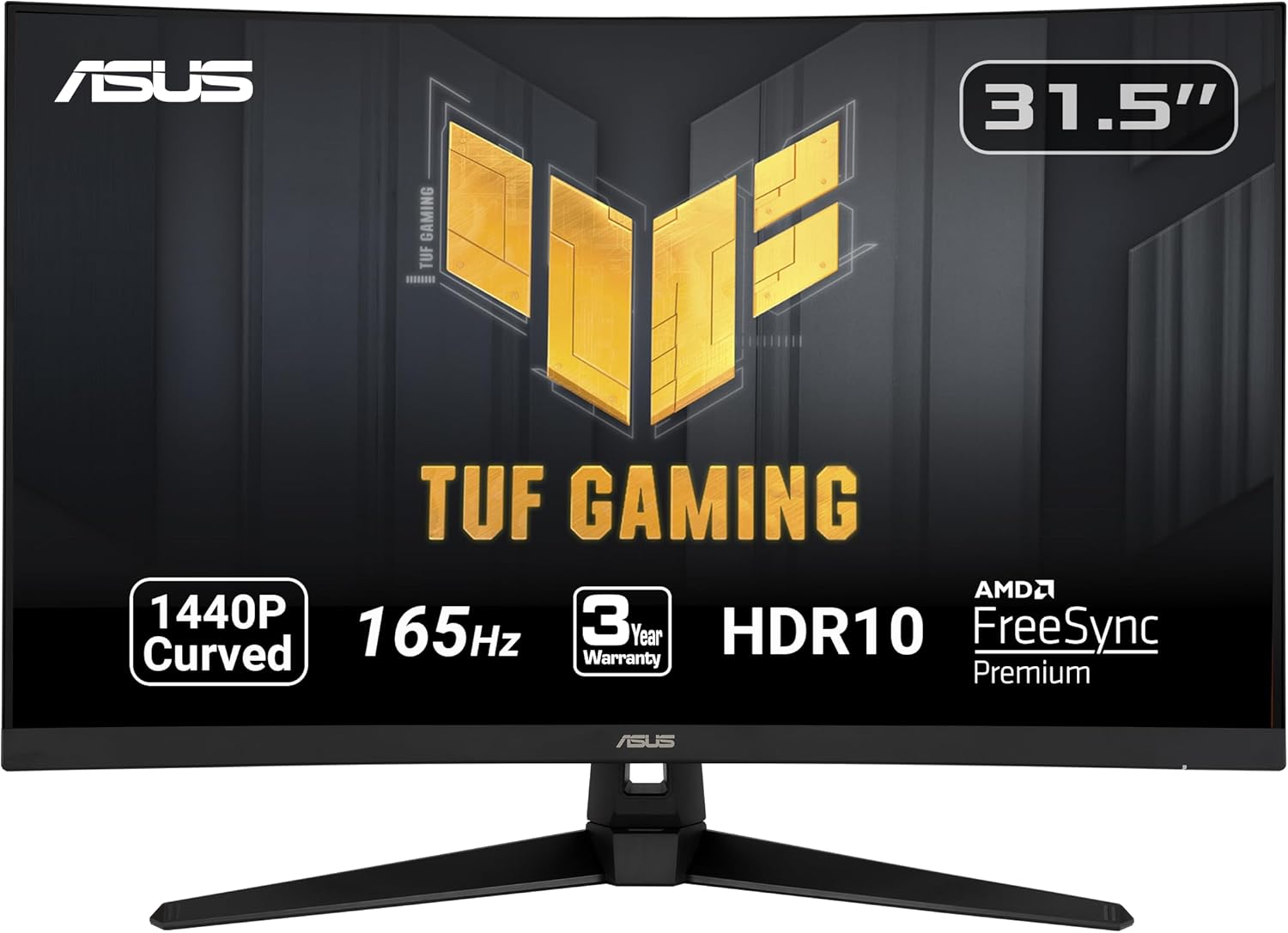 ASUS TUF Gaming 32″ 1440P HDR Curved Monitor (VG32VQ1B) – QHD (2560 x 1440), 165Hz (Supports 144Hz), 1ms, Extreme Low Motion Blur, Speaker, FreeSync Premium, VESA Mountable, DisplayPort, HDMI,BLACK