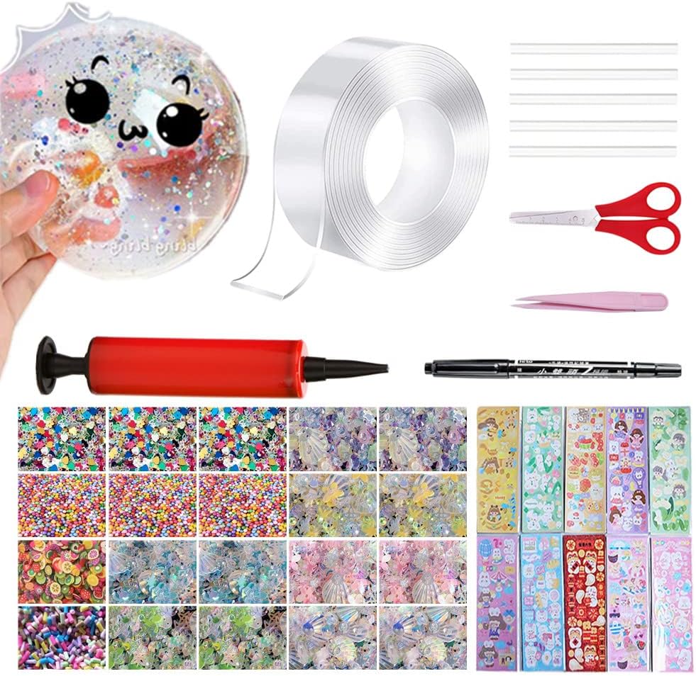 40 Pcs Nano Bubble Tape Kit with Balloon Inflator, Double Sided Tape Plastic Bubbles Balloon, Elastic Nano Bubble Tape DIY Craft Kit for Girls, Boys, Kids Party Favors and Novelty Toys