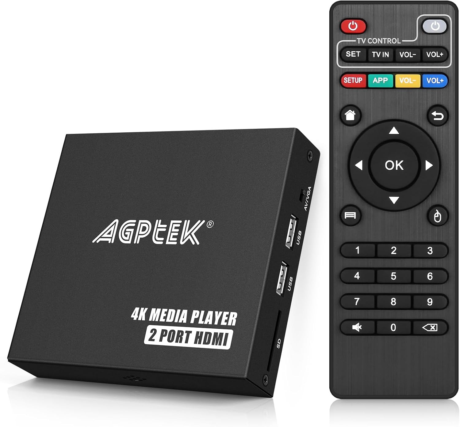 4K@30hz HDMI TV Media Player with Dual HDMI, One AV/VGA Output, 4K HDMI Splitter Function, Digital MP4 Player for 14TB HDD/512G USB Drive/256G SD Card/H.265 MP4, with Remote Control for MP3 AVI etc