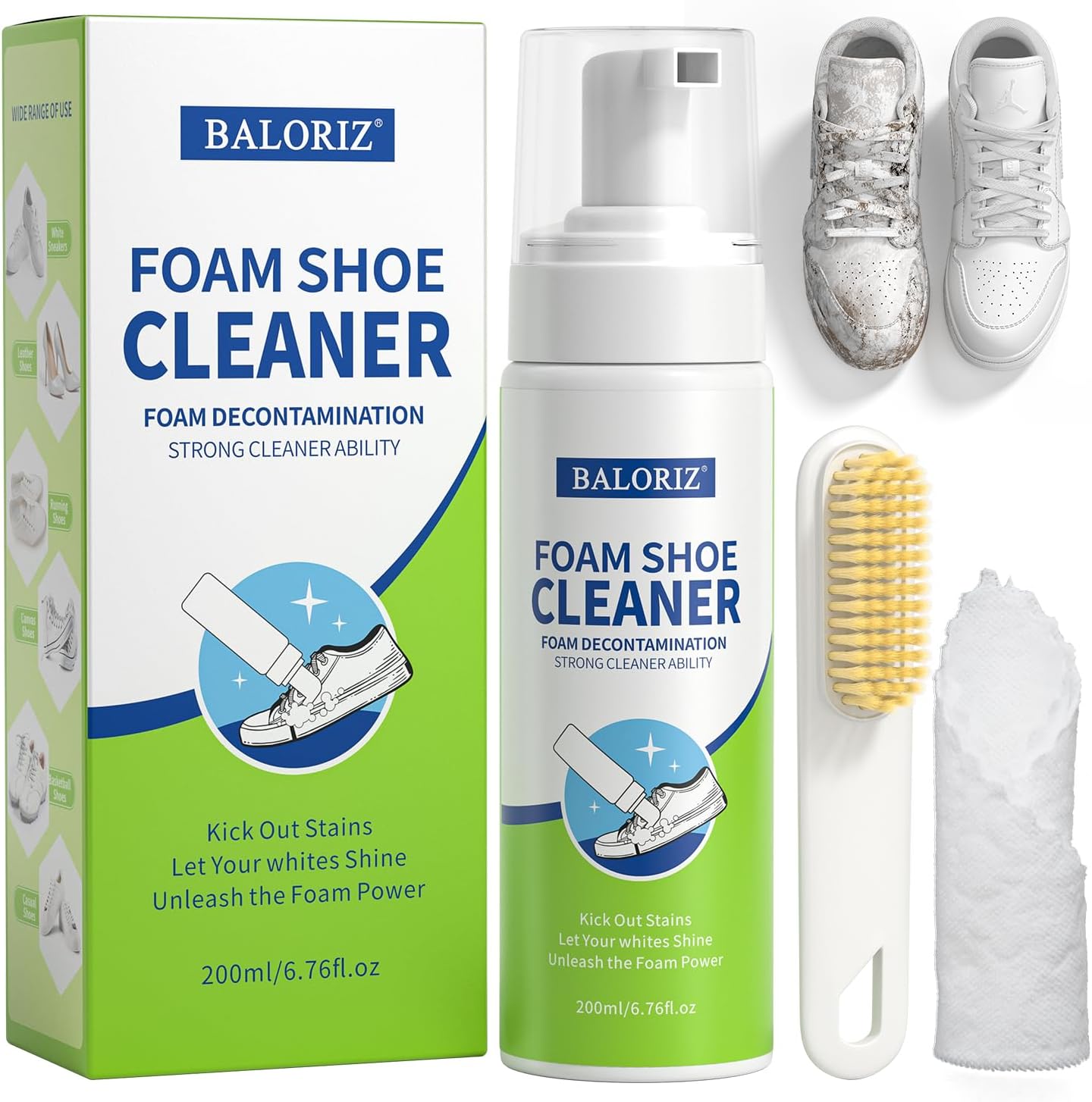 Shoe Cleaner Kit, 6.76 Oz White Shoe Cleaner with Brush and Towel, No-Rinse Foam Sneaker Cleaner Removes Dirt and Stain, Shoe Cleaning kit for White Shoes, Suede, Leather, Boots, Canvas, Fabric