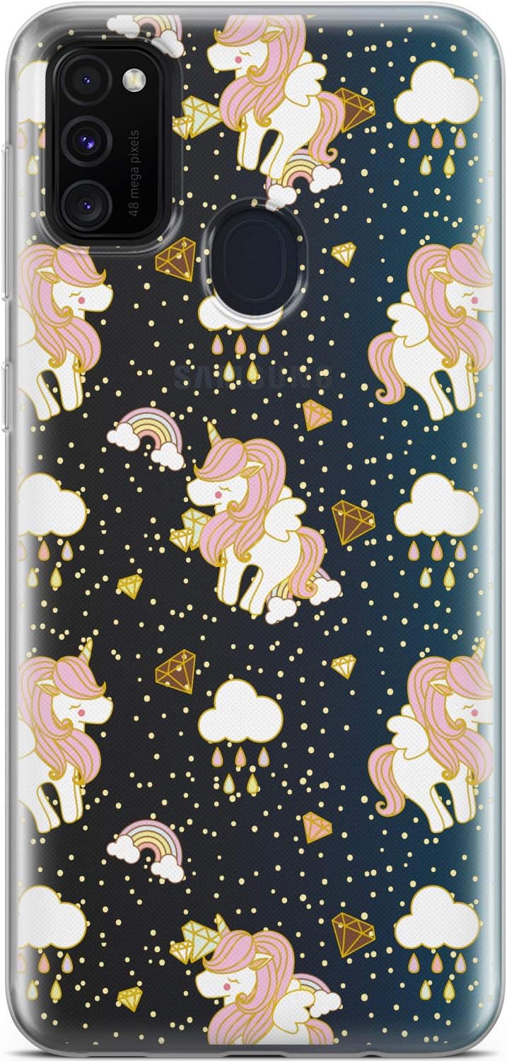 Clear Phone Case Compatible with Samsung Galaxy M80s F52 M51 M32 M30s M20 C10 Lightweight TPU Design Silicone Girly Gem Pegasus Protective Flexible Cover Unicorns Slim Cute Rainbow Kawaii