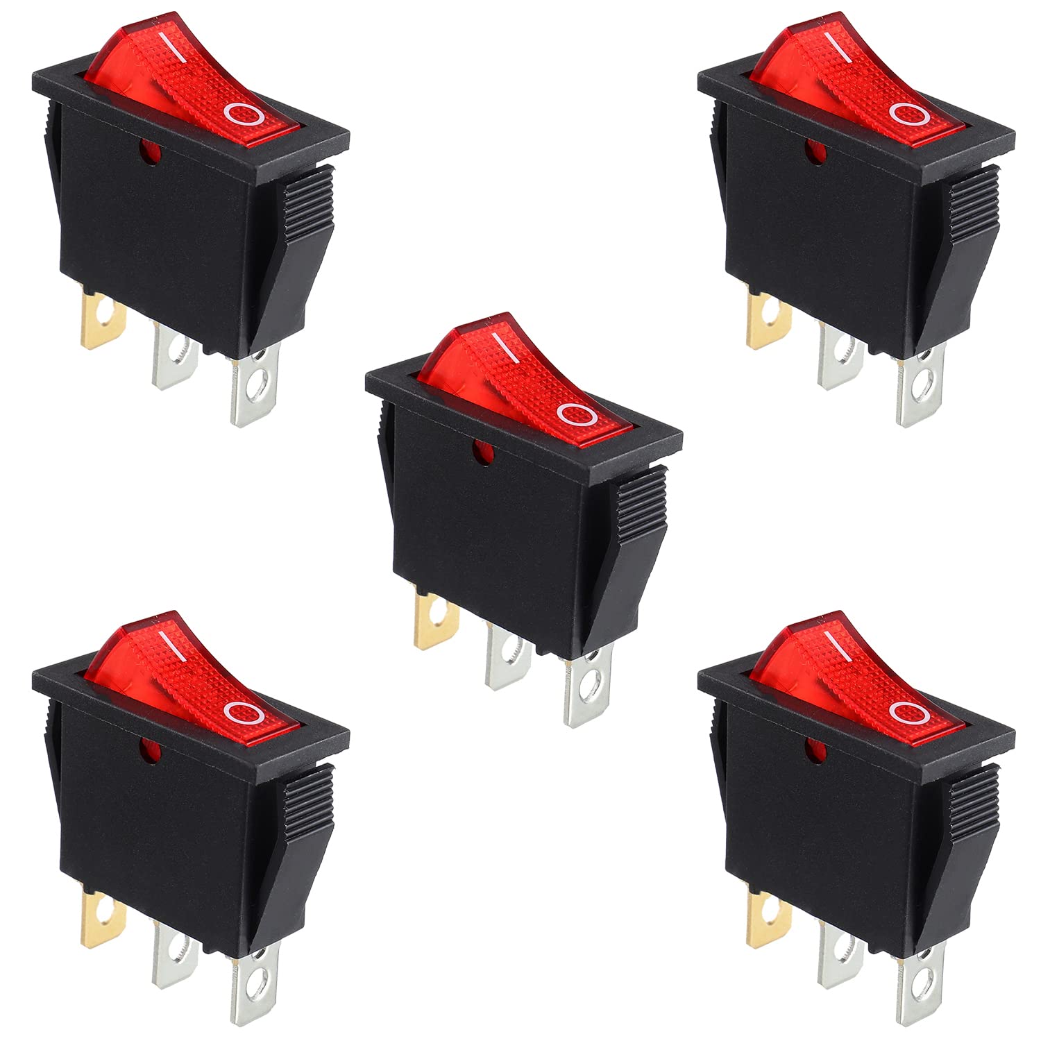 5Pcs Rocker Switch Red Light Illuminated, ON/Off SPST 3 Pin 3 Position Boat Rocker Toggle Switch Snap AC 250V/15A 125V/20A KCD3-101