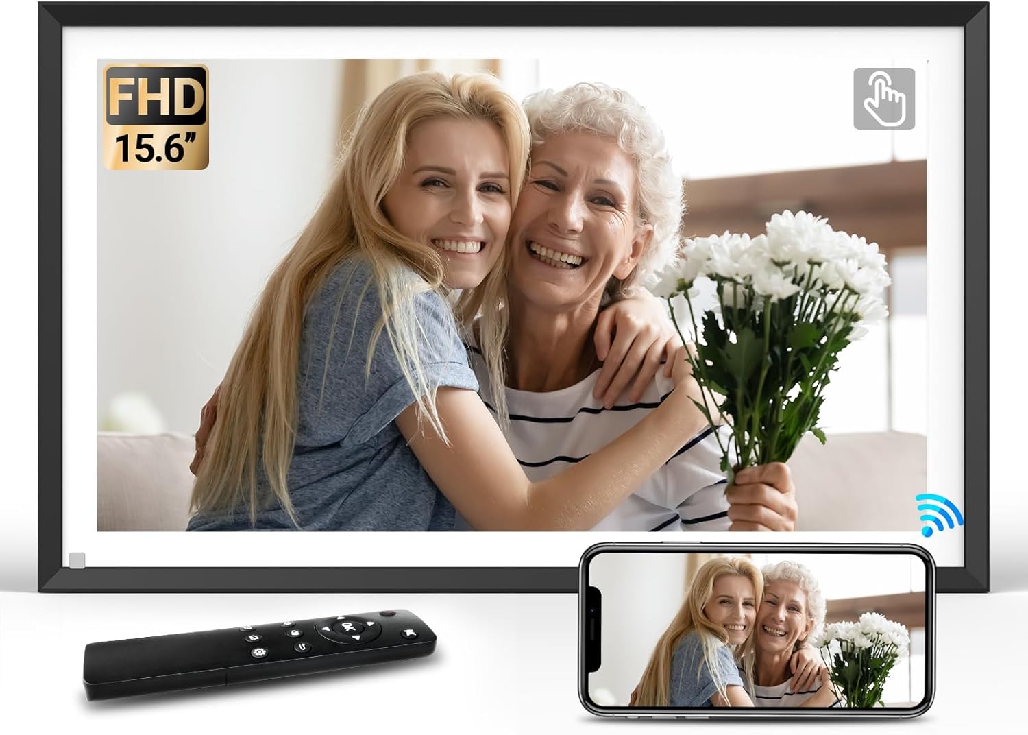 Large Digital Picture Frame 15.6 Inch 64GB Digital Photo Frame WiFi FHD Electronic Photo Frame IPS Touchscreen Remote Control Wall Mounted, Share Videos and Photos via USB, SD Card, App, Gift for Mom